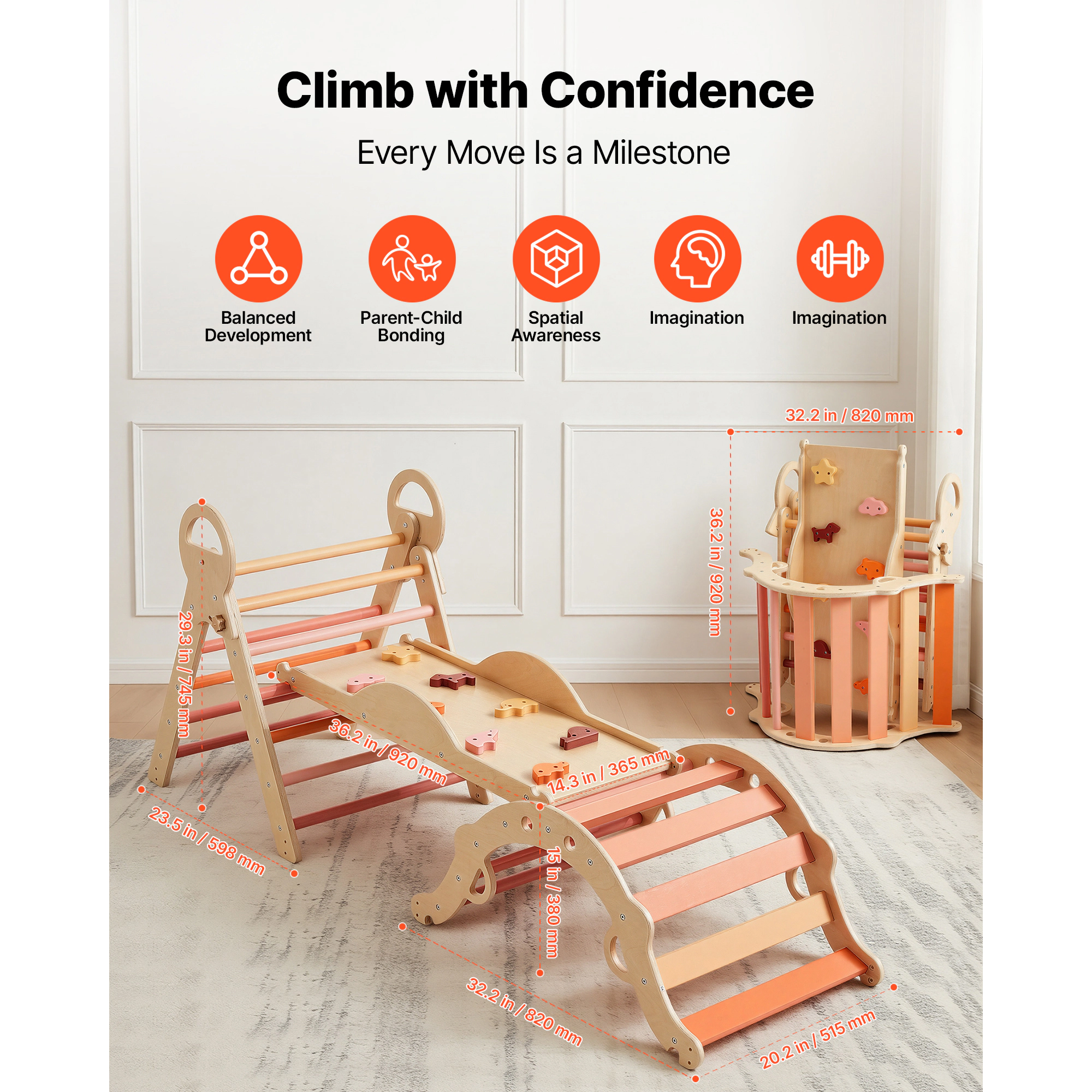 HONGGE Pikler Triangle Set 9-in -1 Toddler Climbing Toys Indoor with 2 Wooden Cars Cushion Triangle Arch and Ramp 150