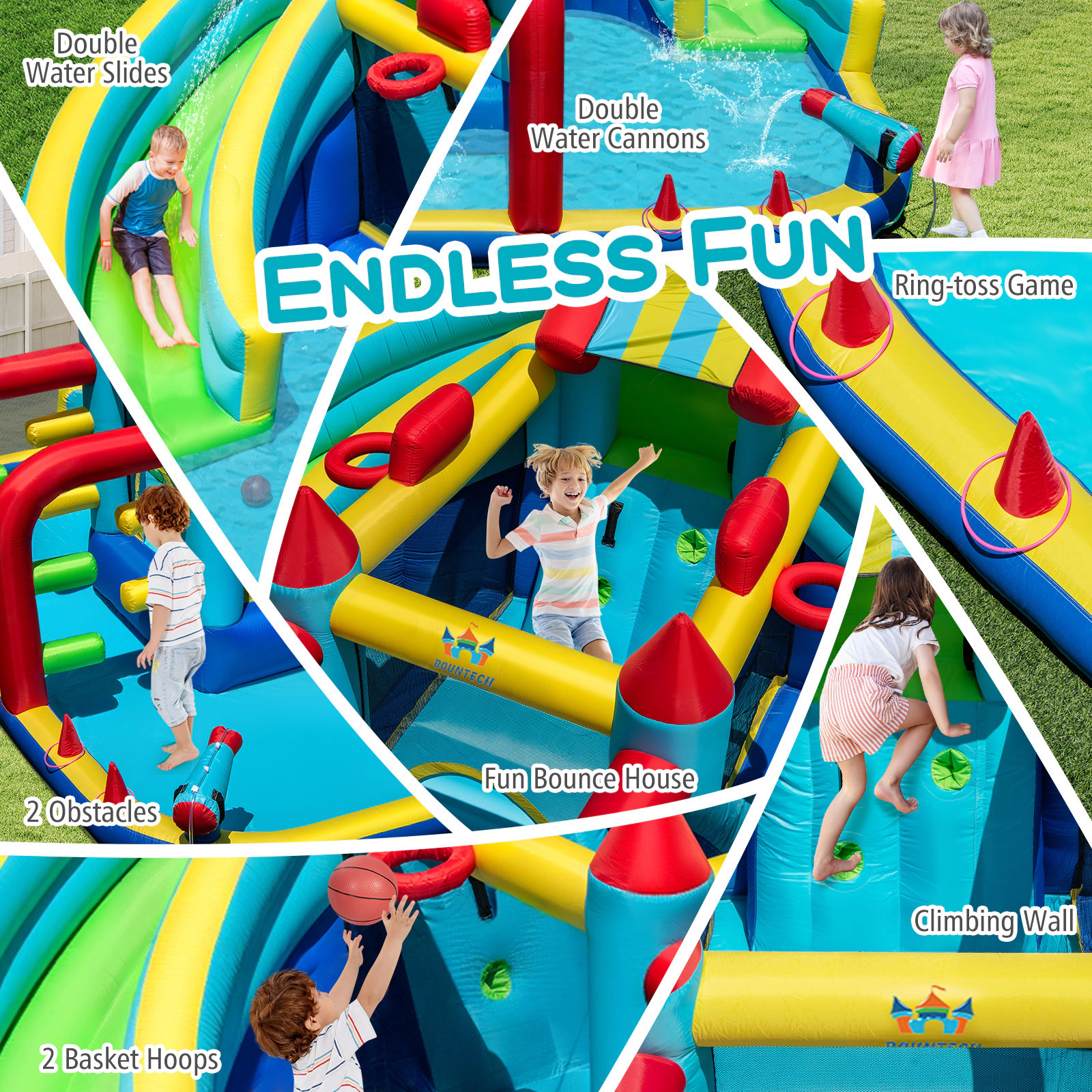 SUGIFT 4-Child 66-lb Capacity Inflatable Double Water Slide Park with Obstacle Course and 750W Blower