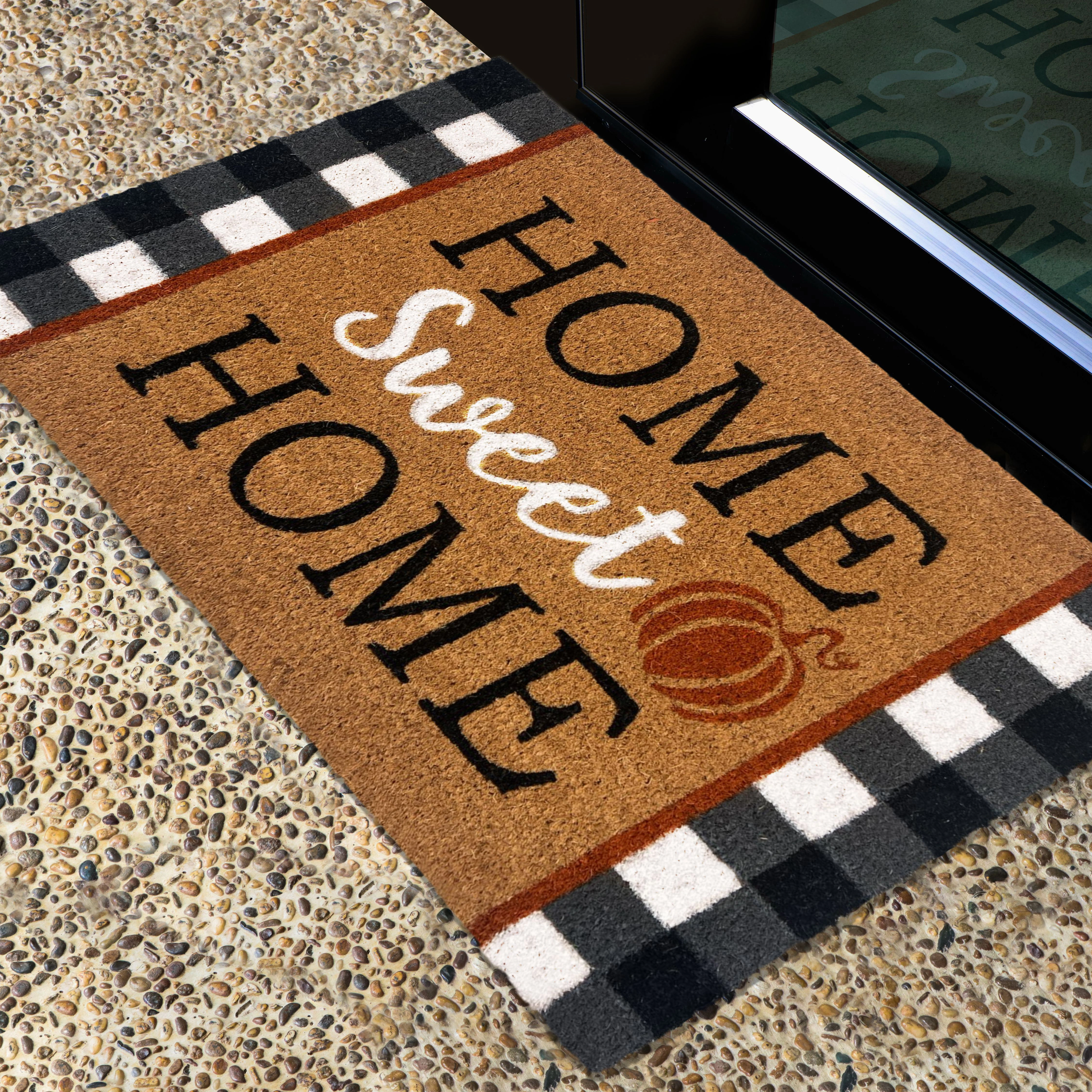 Kate Aurora Fall Autumn Plaid Home Sweet Home Pumpkin Bristled Outdoor All Season Welcome Mat - 18"x30"