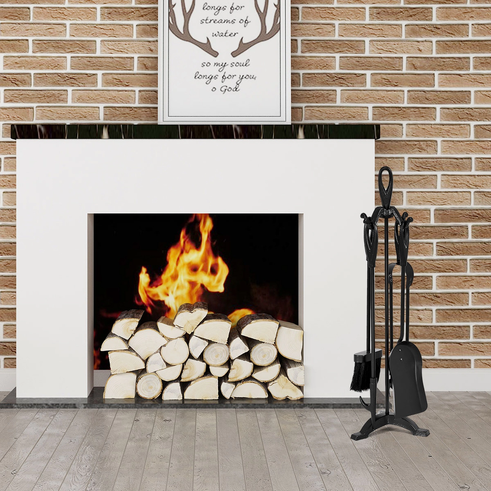SUGIFT 5-Piece Plated Brass Handles Wrought Iron Fireplace Tool Set 25-in Stand 17.7-in Tongs 18-in Shovel 6-lb Black