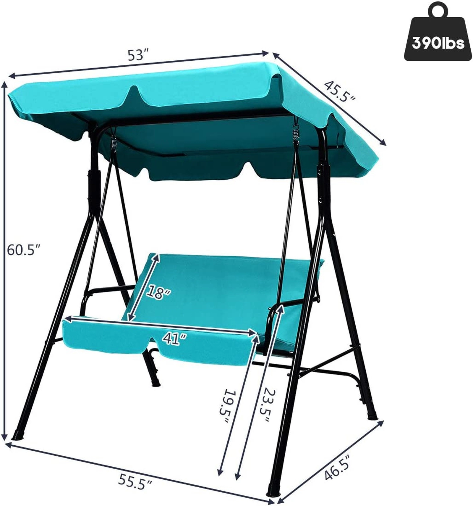 SUGIFT Blue 2-Seat Outdoor Loveseat Swing with Canopy, Cushion and 390-lb Capacity