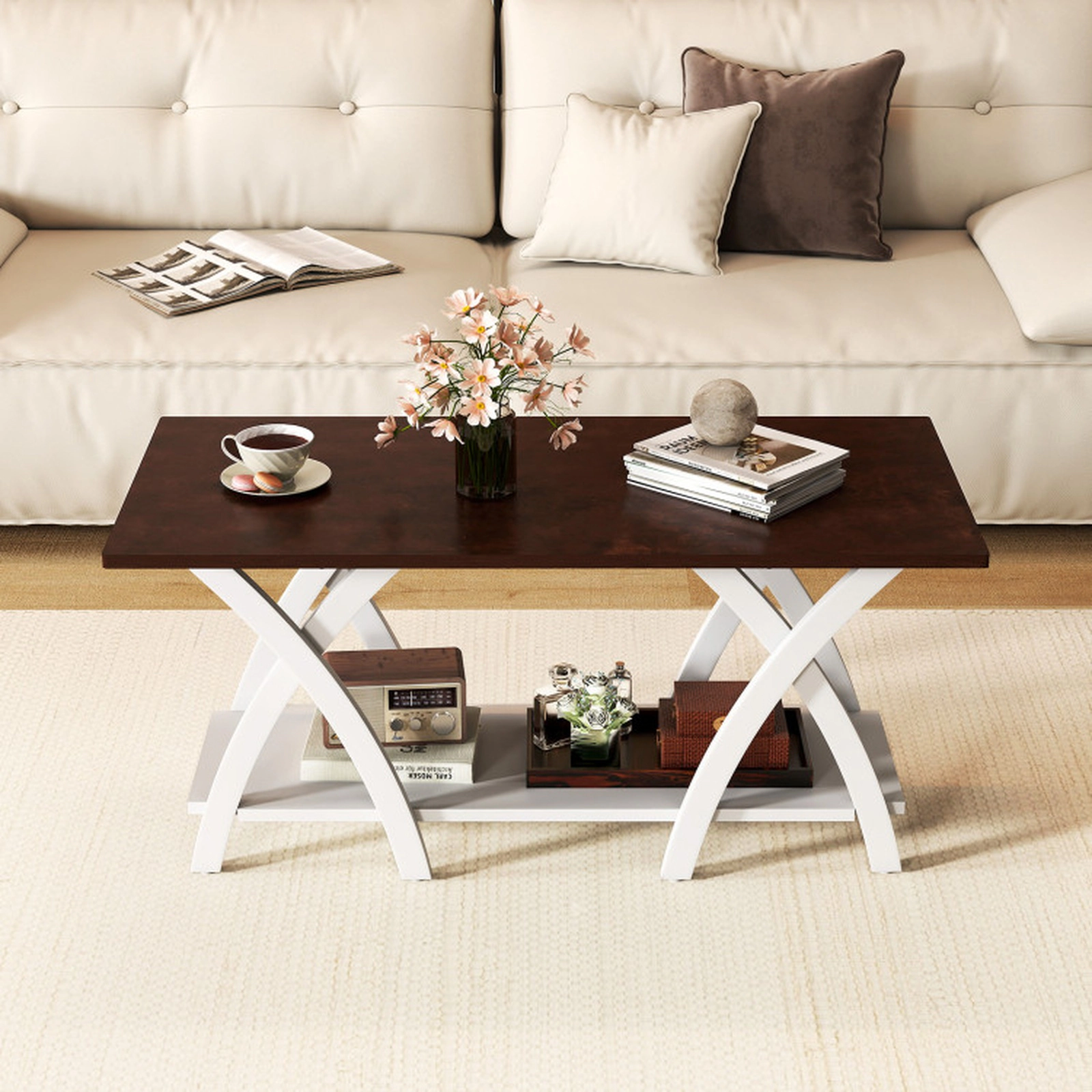 SUGIFT 40-in Farmhouse Wooden 2-Tier Coffee Table with Storage Shelf 155-lb Capacity Rubber Wood Walnut + White