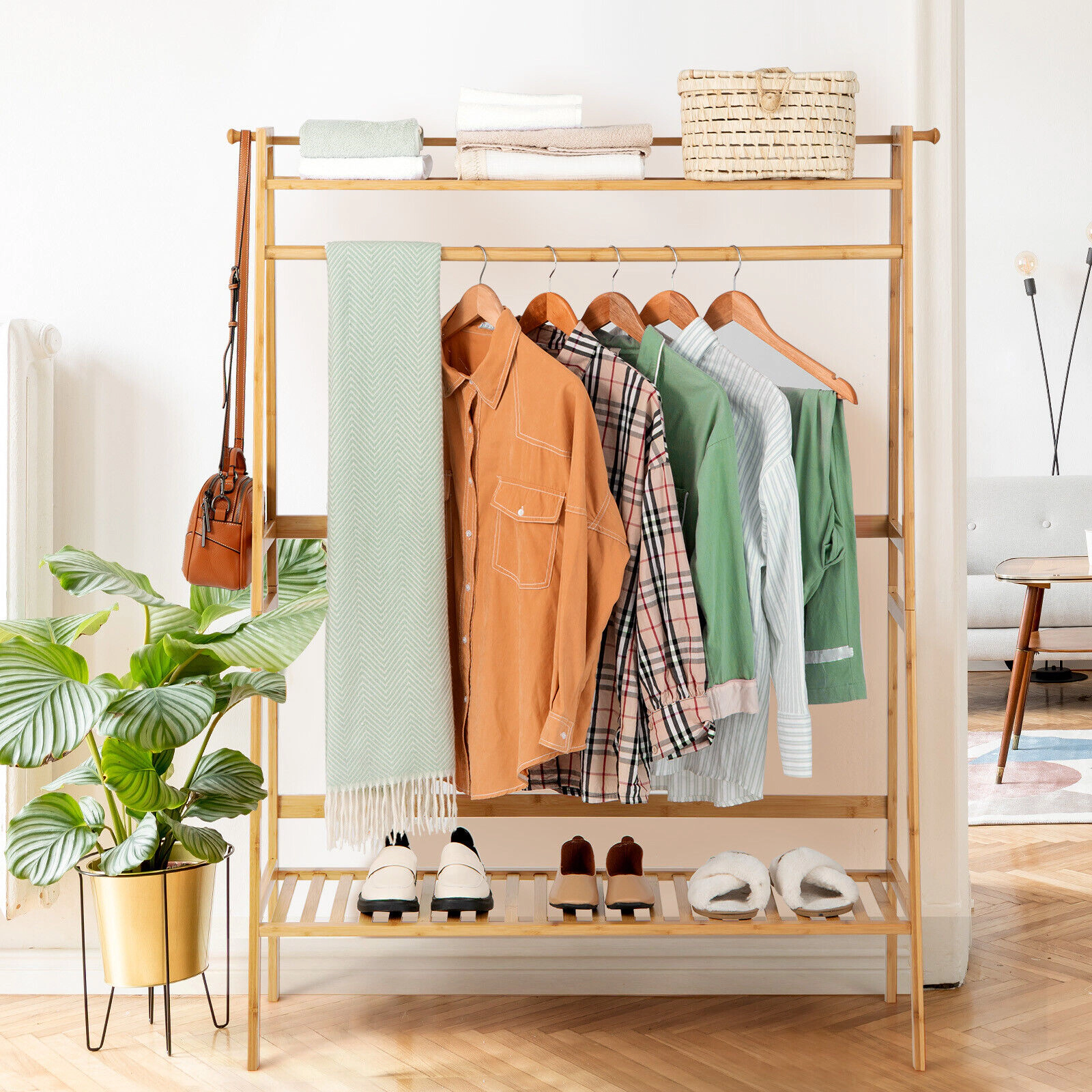SUGIFT 55-in 66-lb Shelf Bamboo Clothing Rack and Garment Stand with 2-Tier Storage Shelves and Hanging Rod