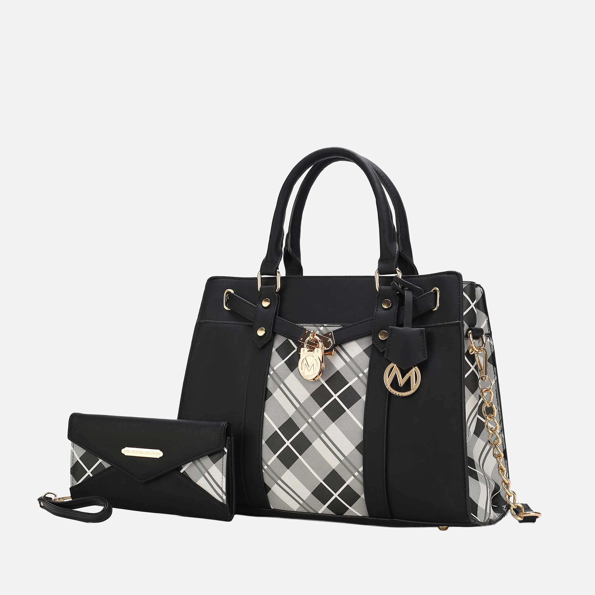 MKF Collection Christine Plaid Vegan Leather Satchel with Wristlet Wallet - Black