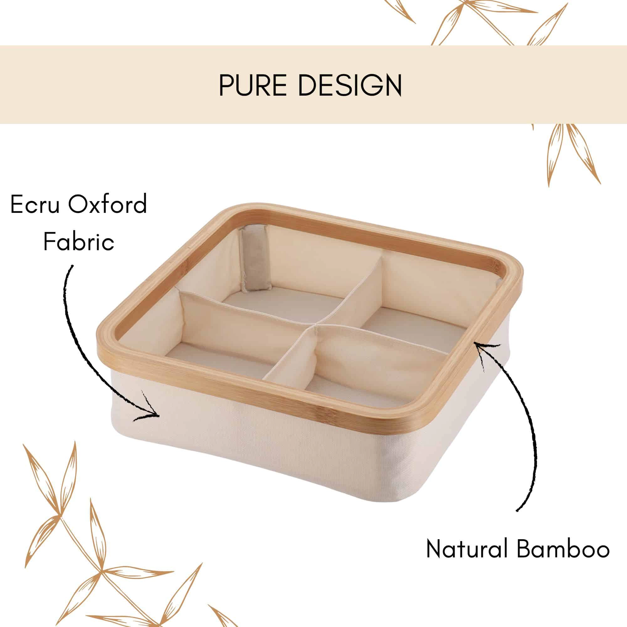 Evideco French Home Goods Collapsible Square Organizer 12 x 12 x 4 in - Bamboo Frame, 4 Compartments