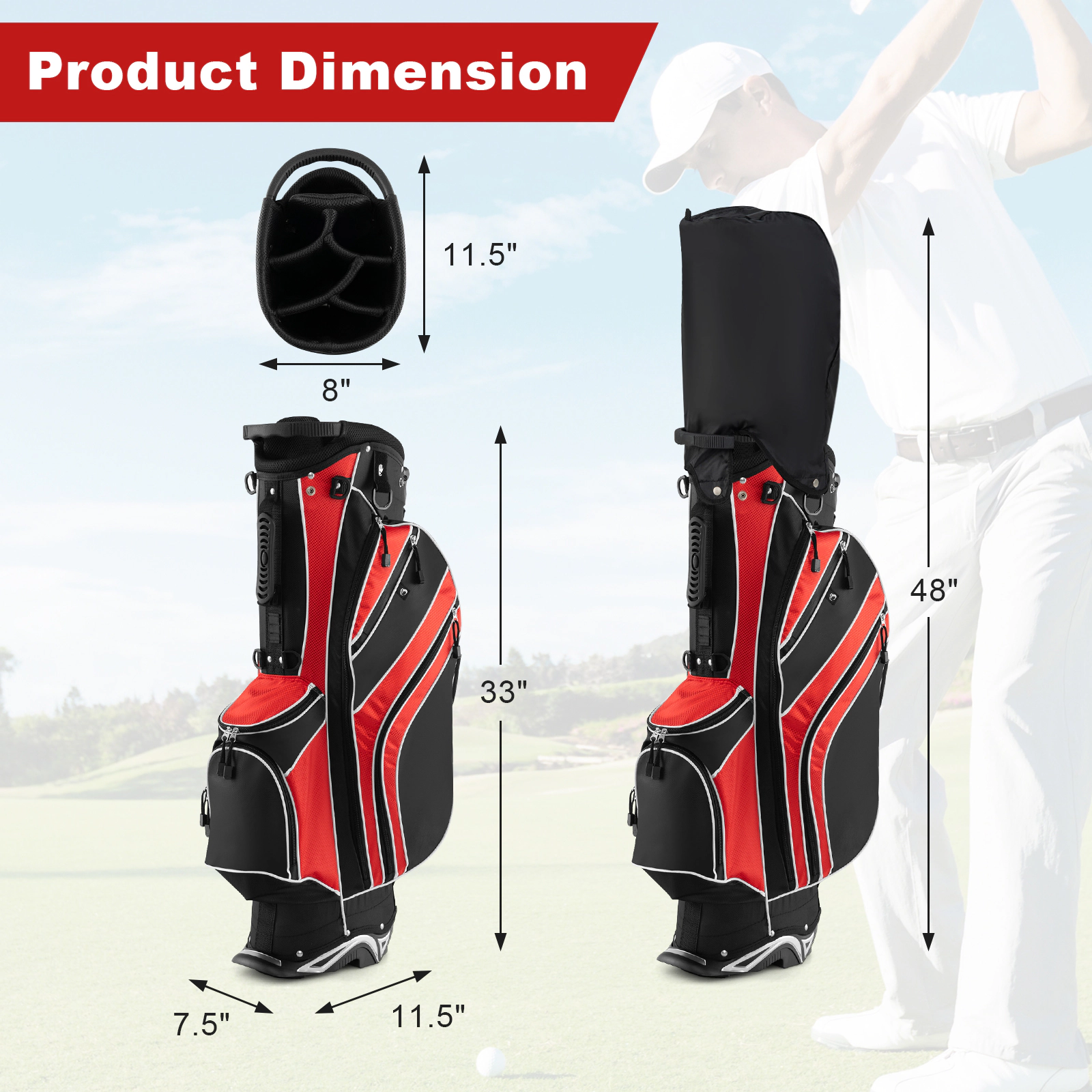 Golf Stand Carry Bag 6-Way Divider Top 8 Pockets Automatic Stand Legs Padded Dual Straps Red Lightweight