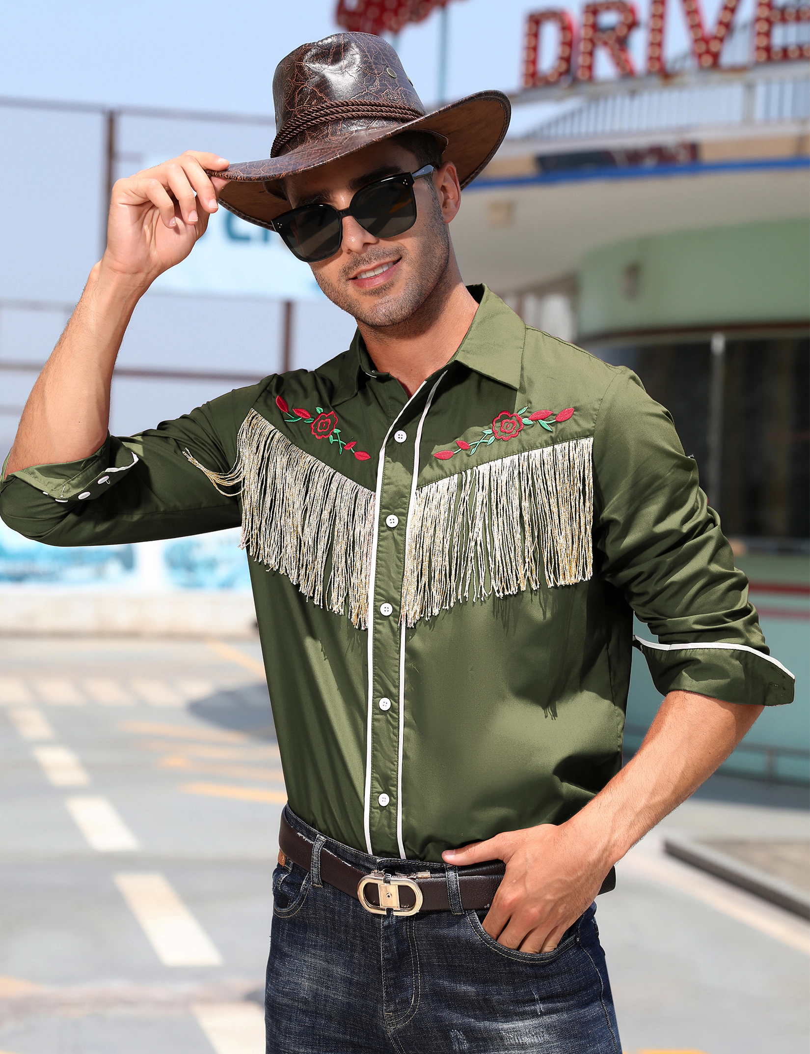 KOJOOIN Men's Western Fringe Shirt Long Sleeve Button Down Rose Embroidered Hippie Cowboy Costume