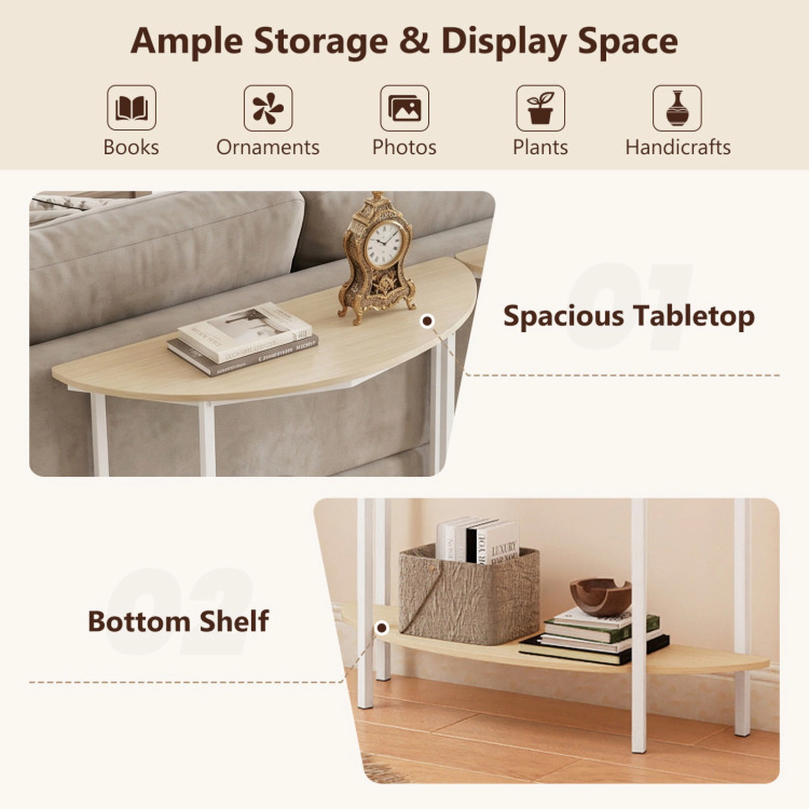 SUGIFT Half Moon 2-Tier Console Table 40-in Wide with Storage Shelf Natural & White