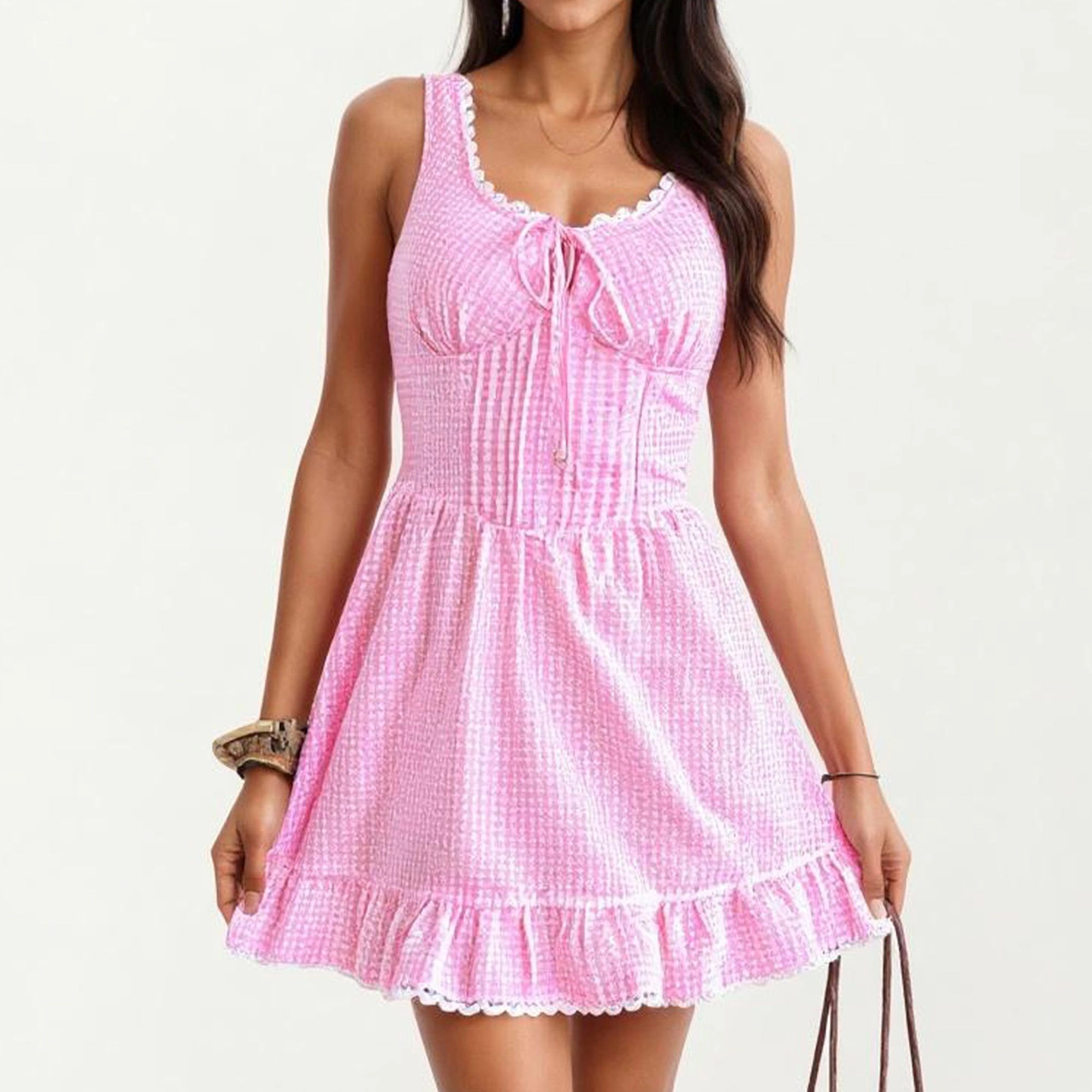 Anna-Kaci Women's Sleeveless Smocked Mini Dress with Tie Front and Ruffled Hem