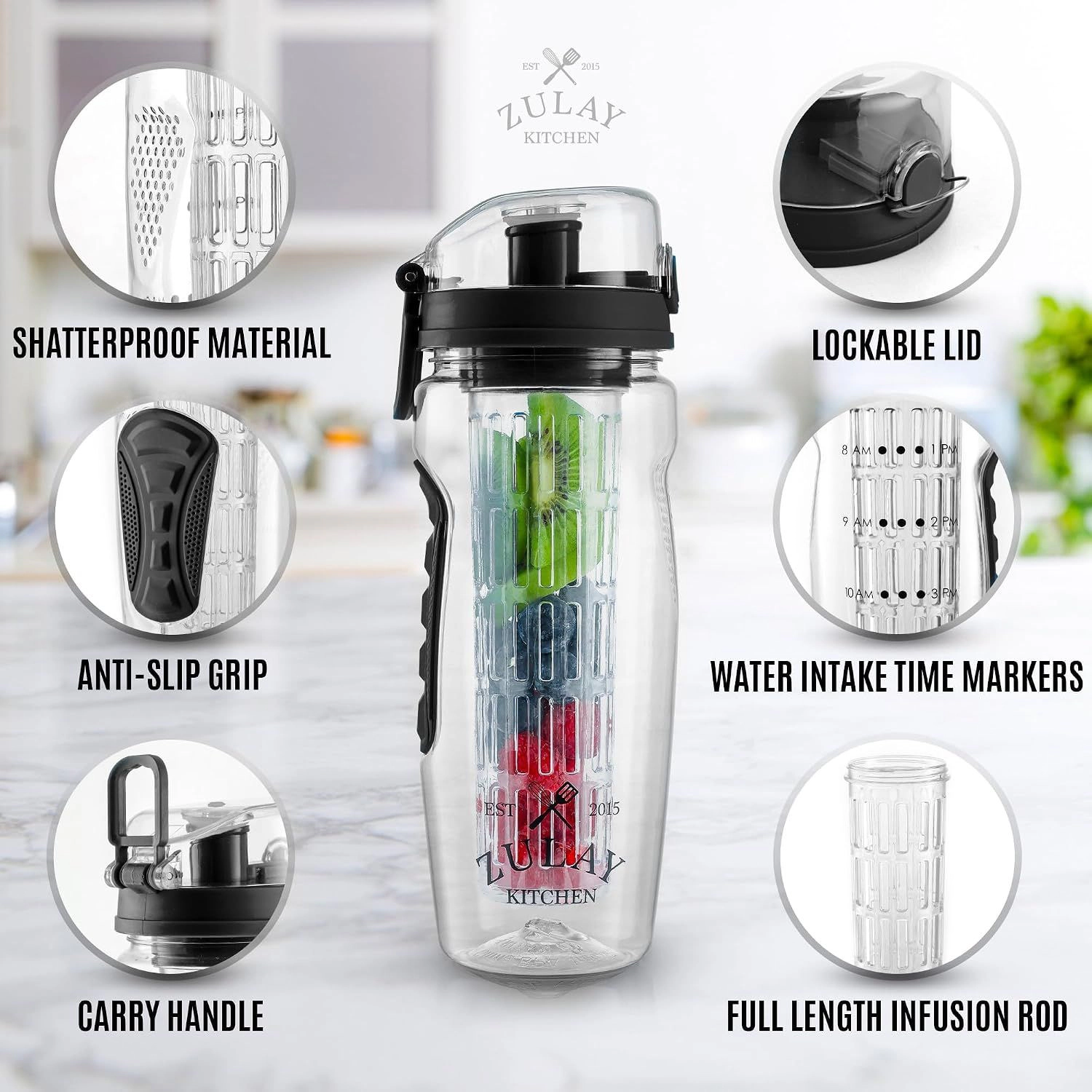Zulay Kitchen Fruit Infuser Water Bottle - 34oz Leakproof With Full-Length Infusion Rod