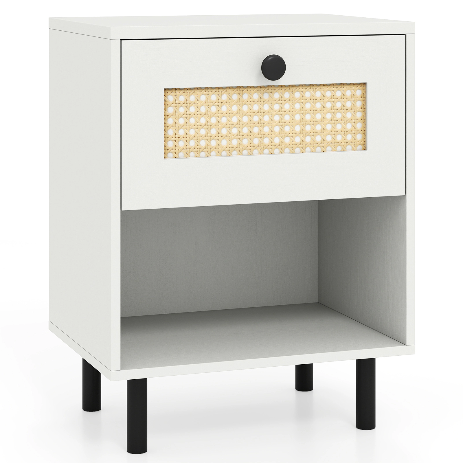 SUGIFT Rattan Drawer Nightstand Boho End Table with Open Shelf 20.5-in Tall 66-lb Tabletop Capacity Natural/White