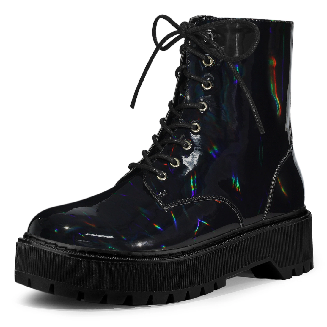 BLISSFUL STEP Women Faux Leather Round Toe Platform Flat Heels Combat Boots