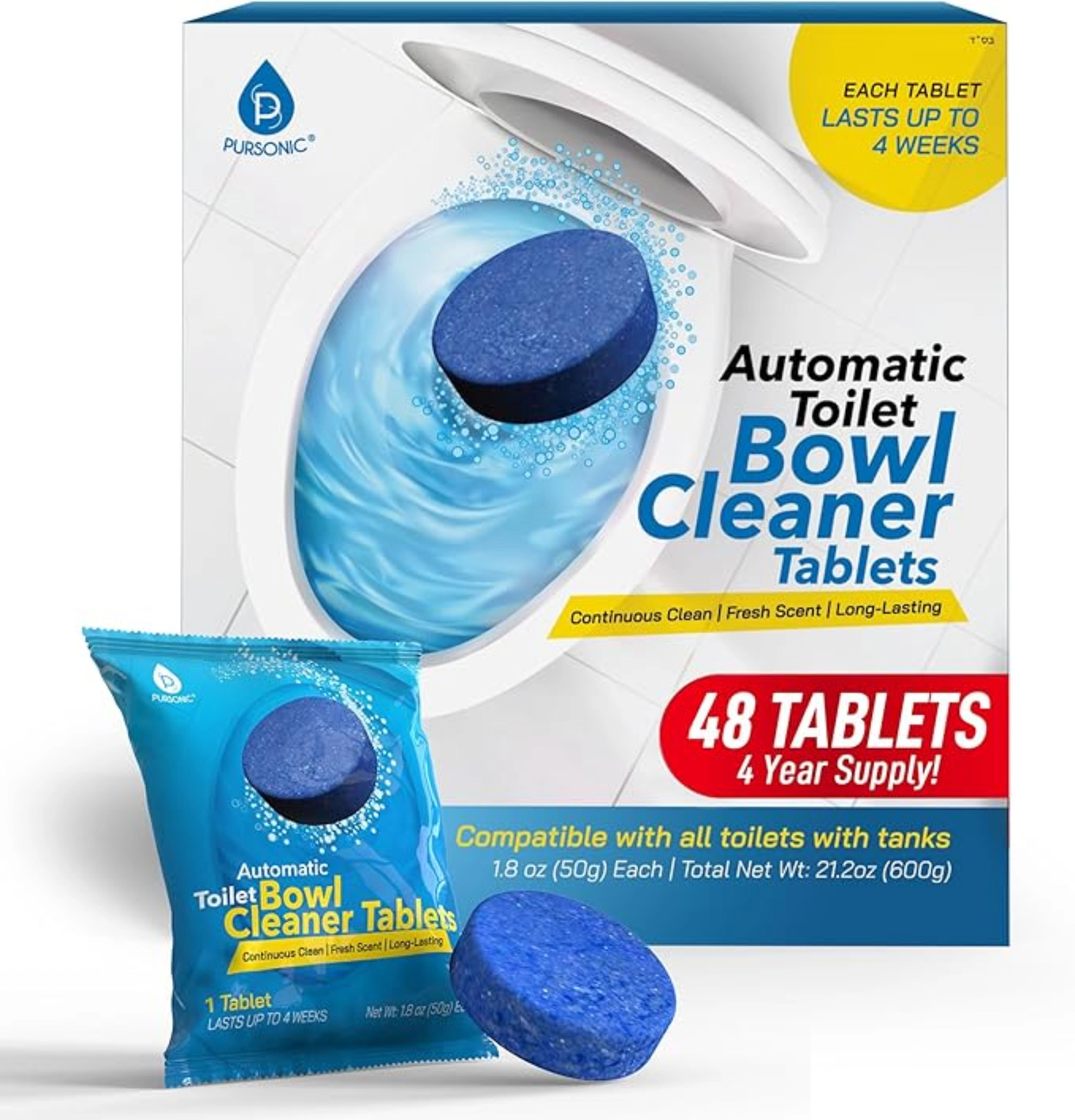 Pursonic Unisex Automatic Toilet Bowl Cleaner Deodorizing Blue Gel Tablets with Septic-Safe Hard Water Stain Remover