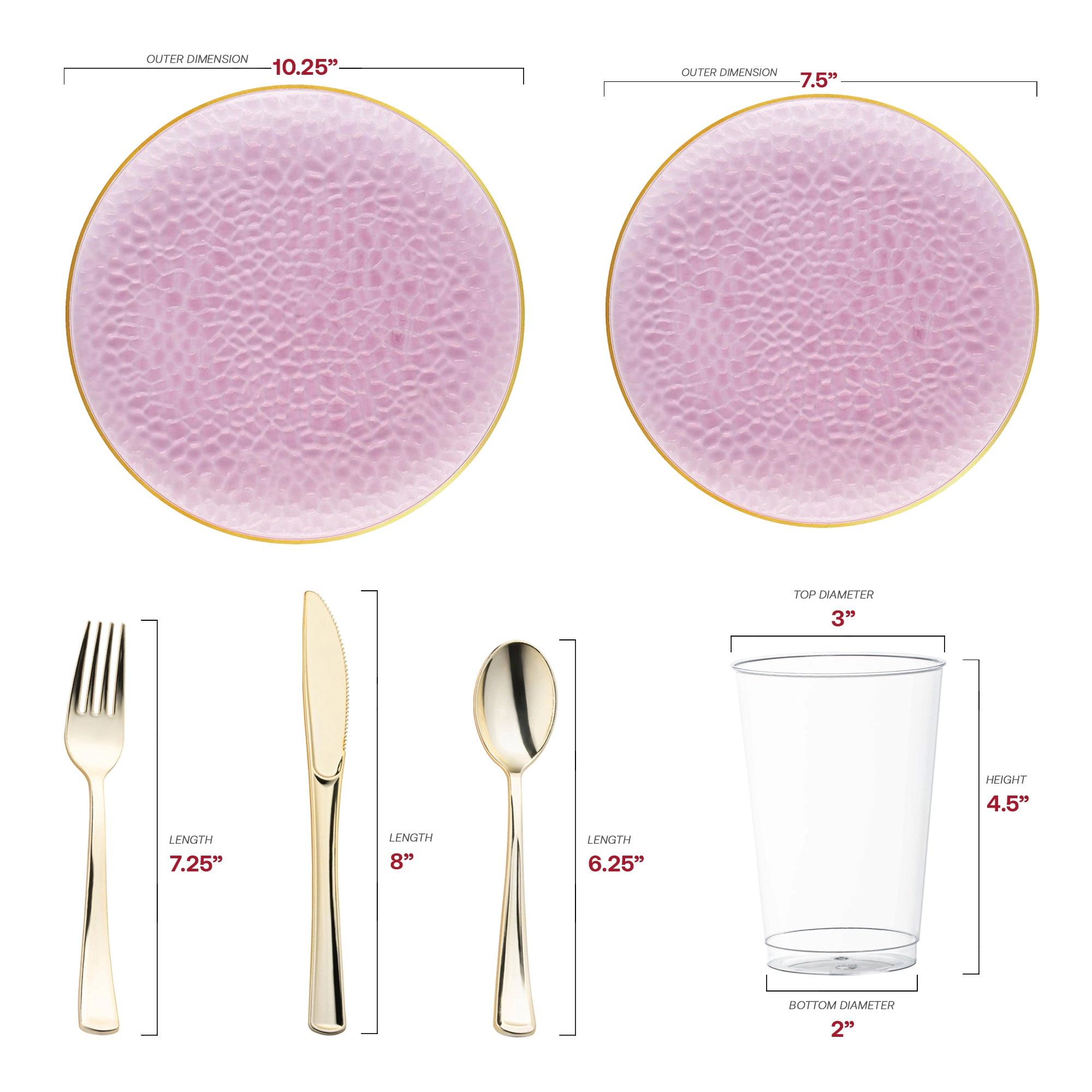 Smarty Had A Party Clear Pink with Gold Rim Hammered Glass Disposable Plastic Wedding Value Set