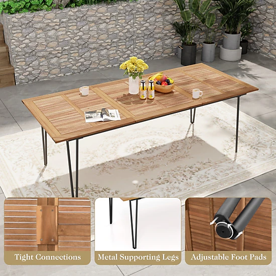 Hivvago 86.5 Inch Rectangular Patio Dining Table For 8 With Acacia Wood Tabletop And Umbrella Hole-86.5 Inches