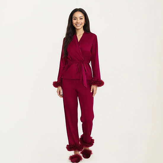 Anna-Kaci Women's 2-Piece Satin Wrap Long Sleeve Feather Trim Top and Straight Leg Pants