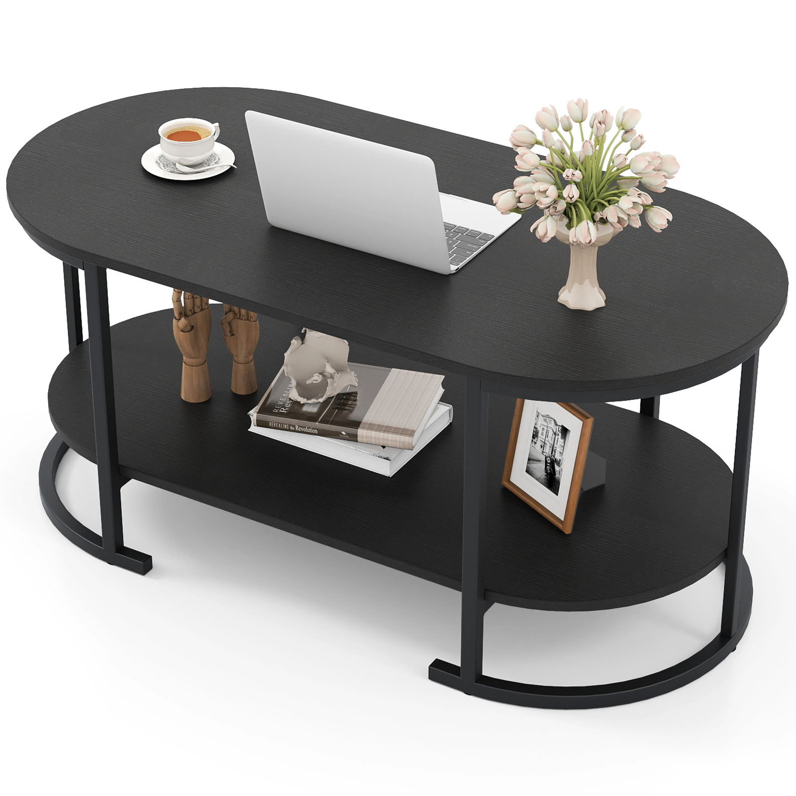 Glintex 2-Tier 39.5-Inch Oval Coffee Table with Metal Frame and Shelf