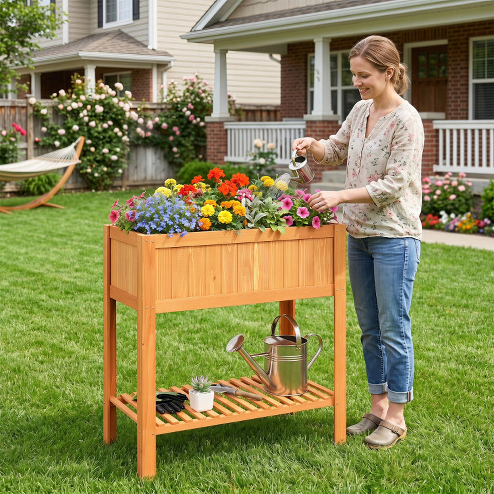 SUGIFT 39-in 110-lb Capacity Fir Wood Raised Garden Bed with Bottom Storage Shelf and Protective Liner