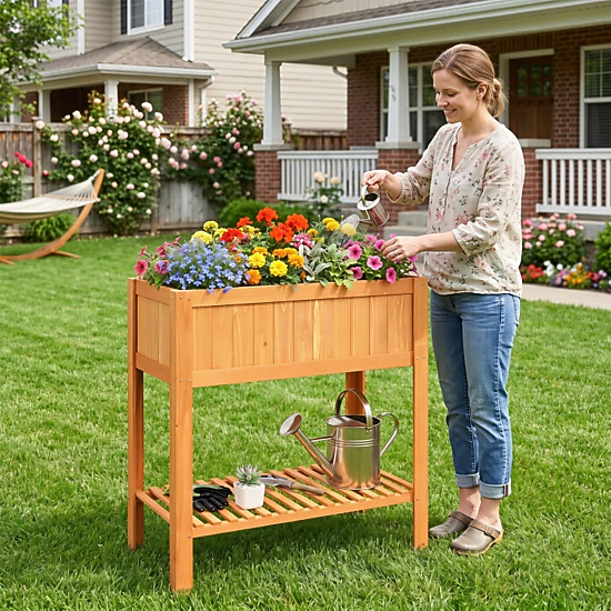 SUGIFT 39-in 110-lb Capacity Fir Wood Raised Garden Bed with Bottom Storage Shelf and Protective Liner