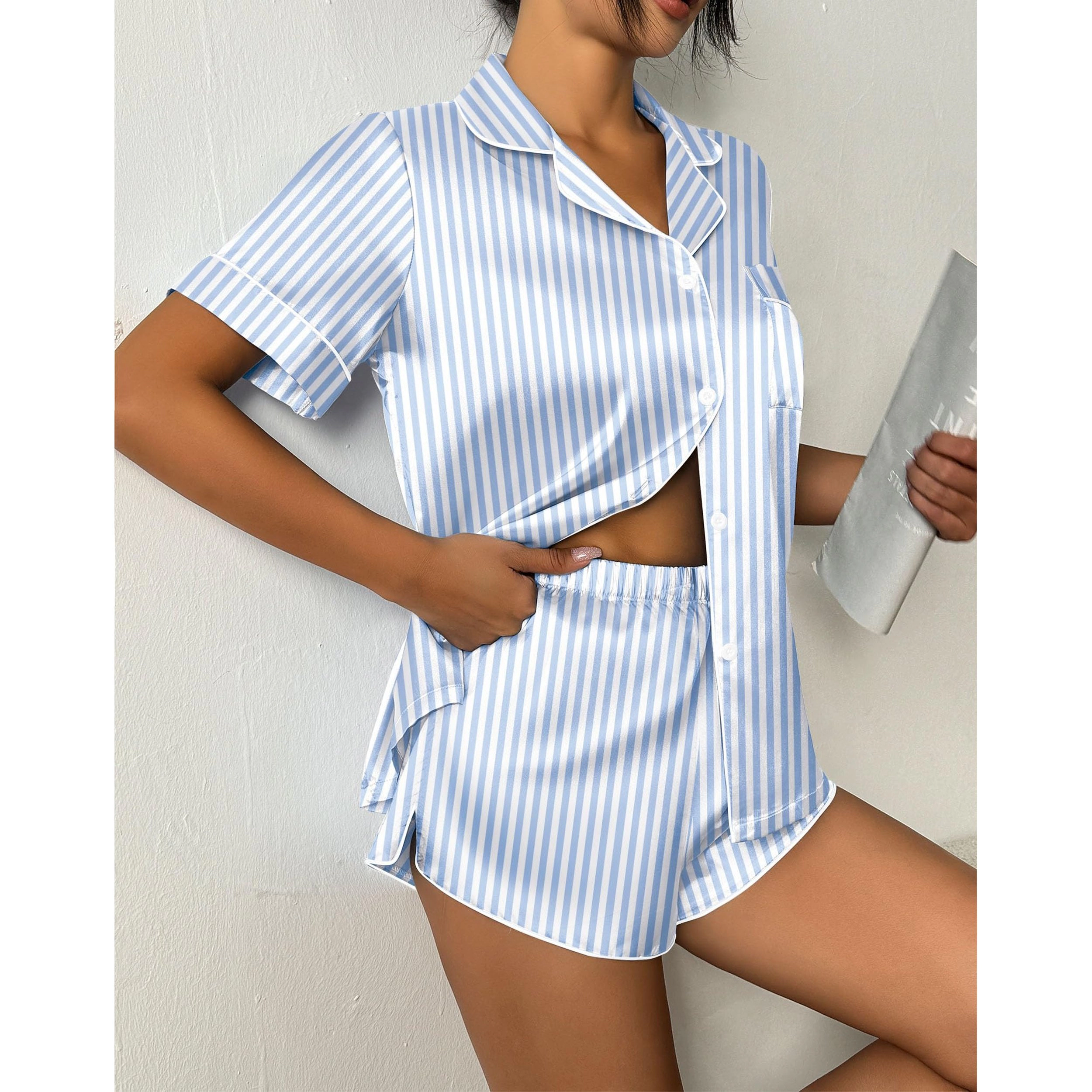Ekouaer Womens Pajama Set Print Short Sleeve Sleepwear Button Down Pjs Shorts