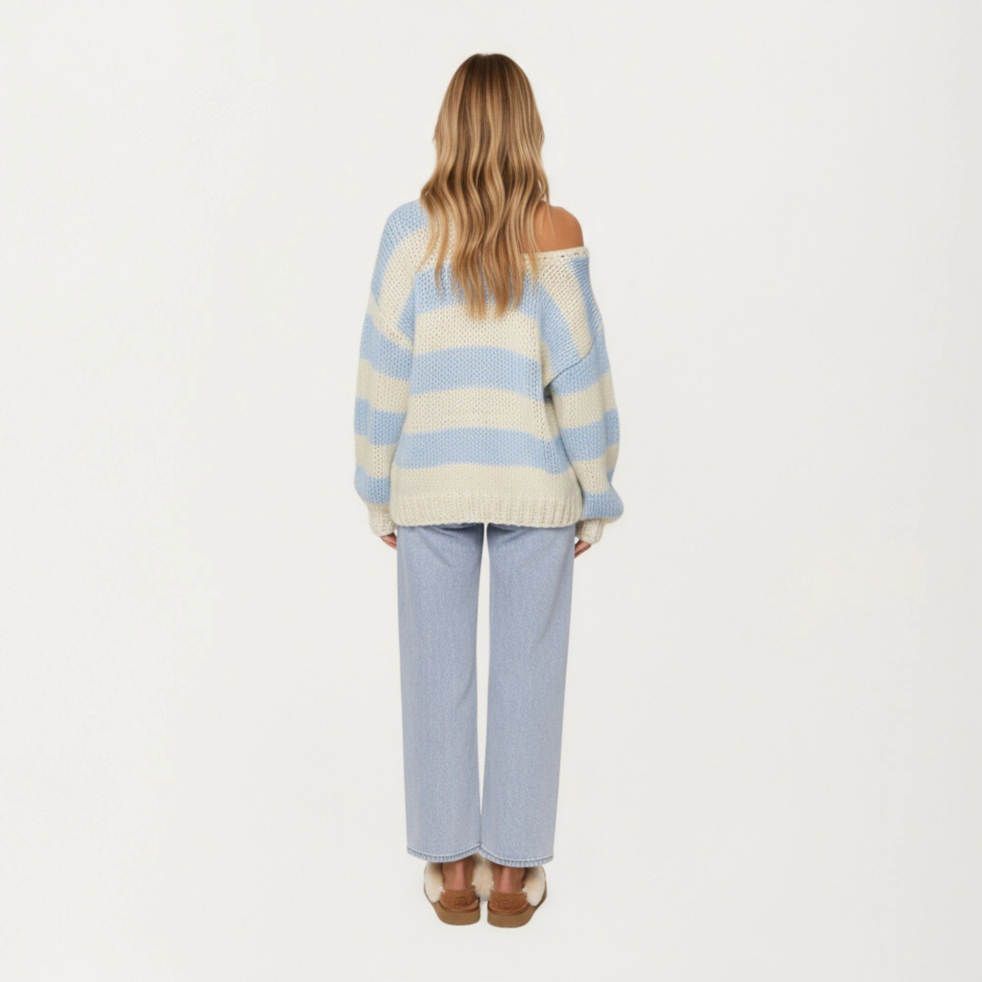 Anna-Kaci Women's Oversized Striped Knit Sweater with Soft Chunky Texture Slouchy Off-Shoulder Fit