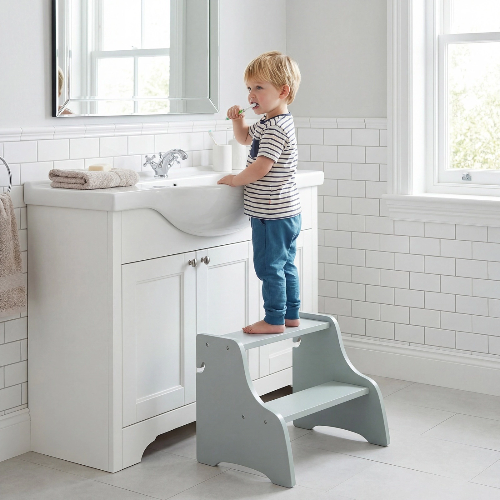 SUGIFT Foldable Toddler Standing Tower and 2-Step Stool with Chalkboards 110-lb Capacity Ages 2+ Gray/White