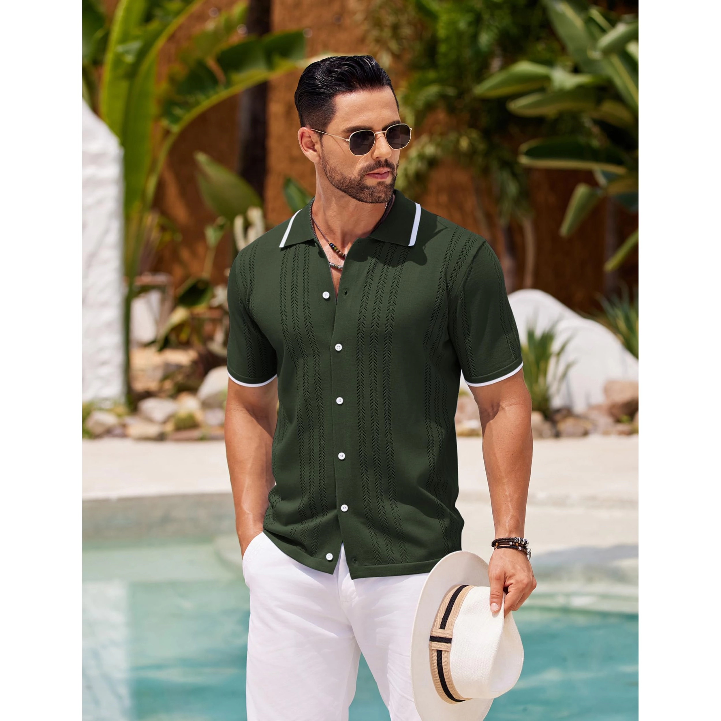 COOFANDY Men's Regular Fit Textured Knit Short Sleeve Camp Shirt