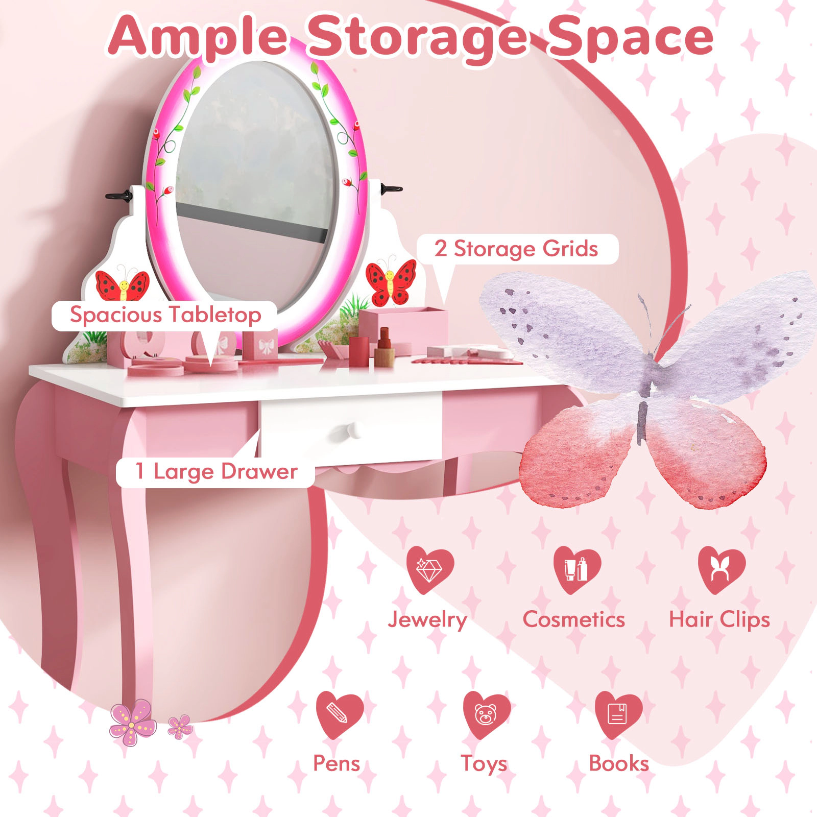 SUGIFT Kids 360-Degree Rotating Mirror Whiteboard Vanity Table and Stool Set 27-in x 16.5-in x 39.5-in 154-lb Pink