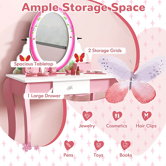 SUGIFT Kids Whiteboard Vanity Table and Stool Set with Rotating Mirror ...