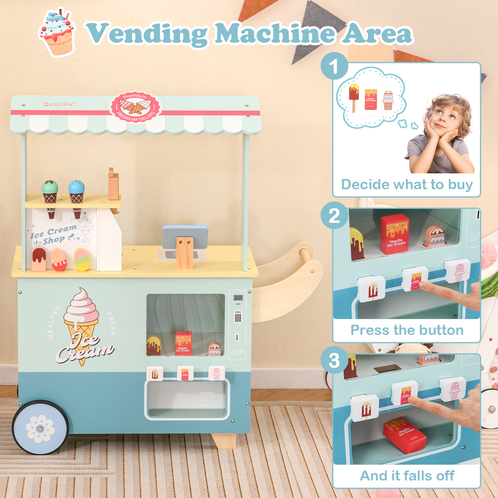 LJG Kids Ice Cream Truck Pretend Play Set for Toddlers with Vending Machine