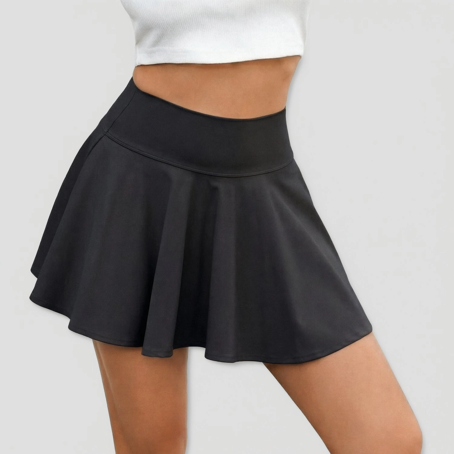 Pinspark Womens High Waist Skater Skirt Black Solid Flowy A-Line Casual Mini Skirts