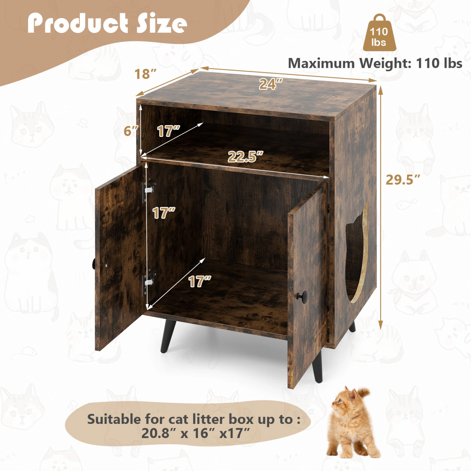 SUGIFT Brown Cat Litter Box Enclosure with Open Compartment 24-in W 18-in D 29.5-in H 110-lb Tabletop Capacity