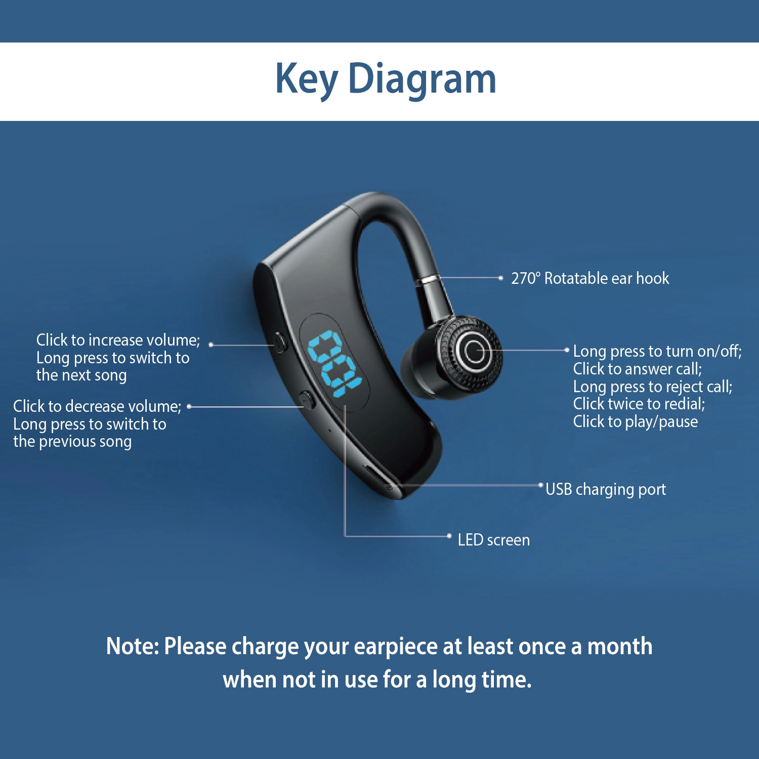 GBruno Wireless V5.2 Earpiece With Charging Display