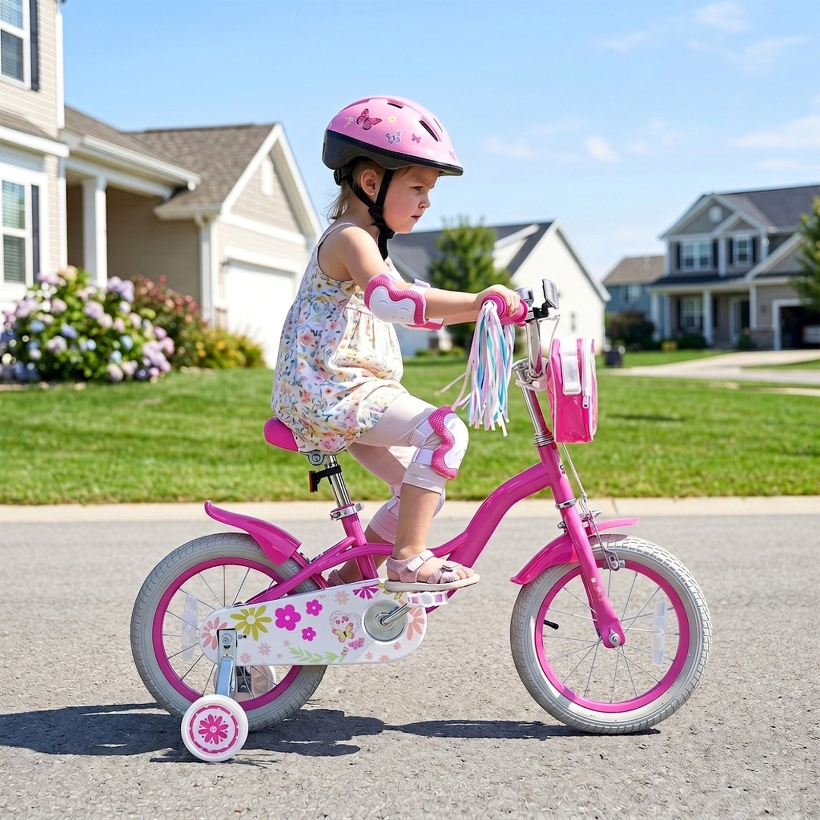 14-in Girls Bike Front Bag Handlebar Ages 3-5 Pink Kids Bicycle Removable Training Wheels Bell 110-lb Seat Capacity