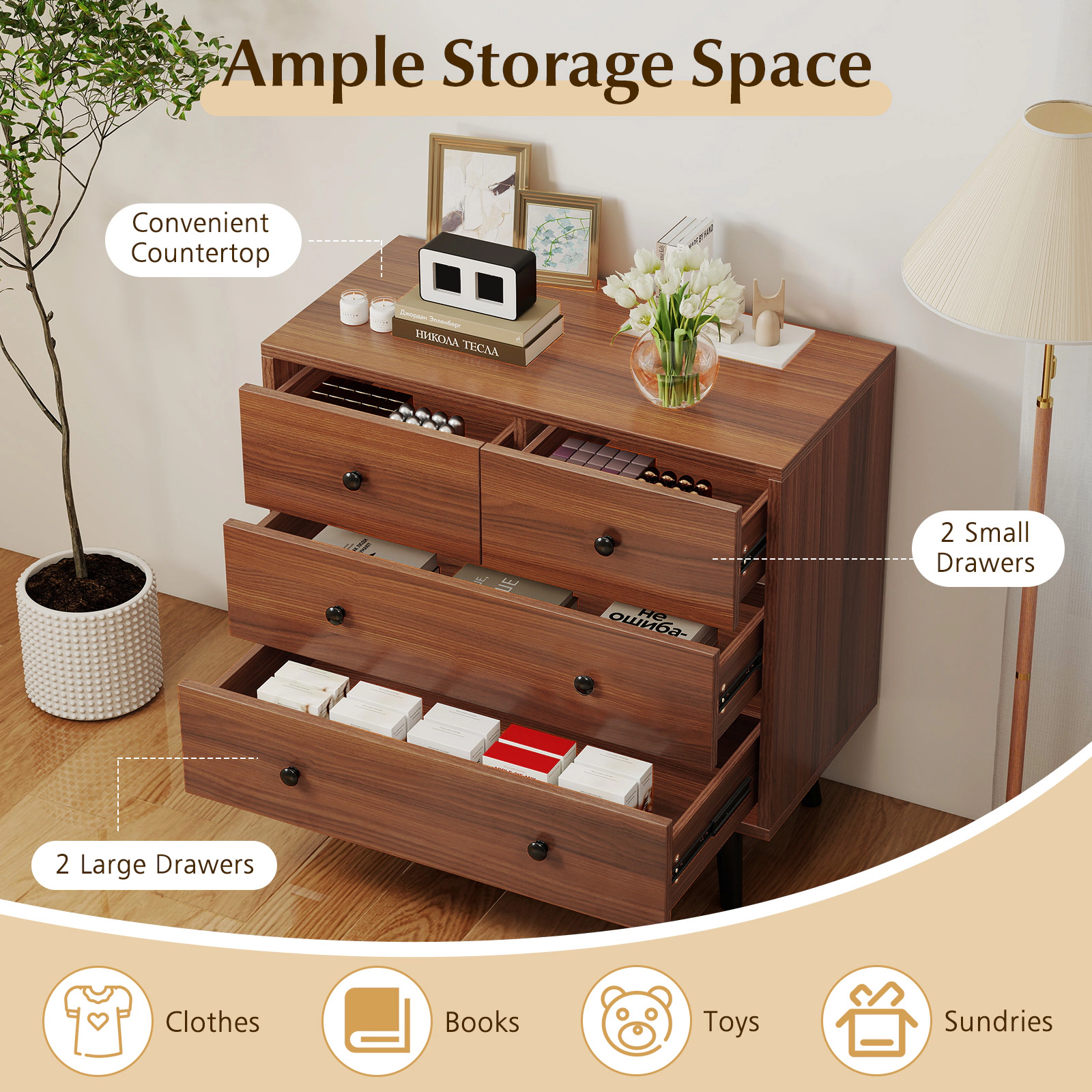 SUGIFT Wide Wooden Dresser with 4 Drawers 110-lb Countertop Capacity Bedroom Living Room Walnut