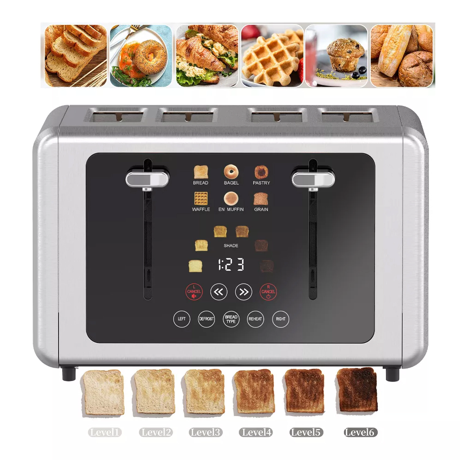 WHALL 4-Slice Touchscreen Toaster, Digital Timer, Multiple Bread Types, 6 Browning Shades, Stainless Steel