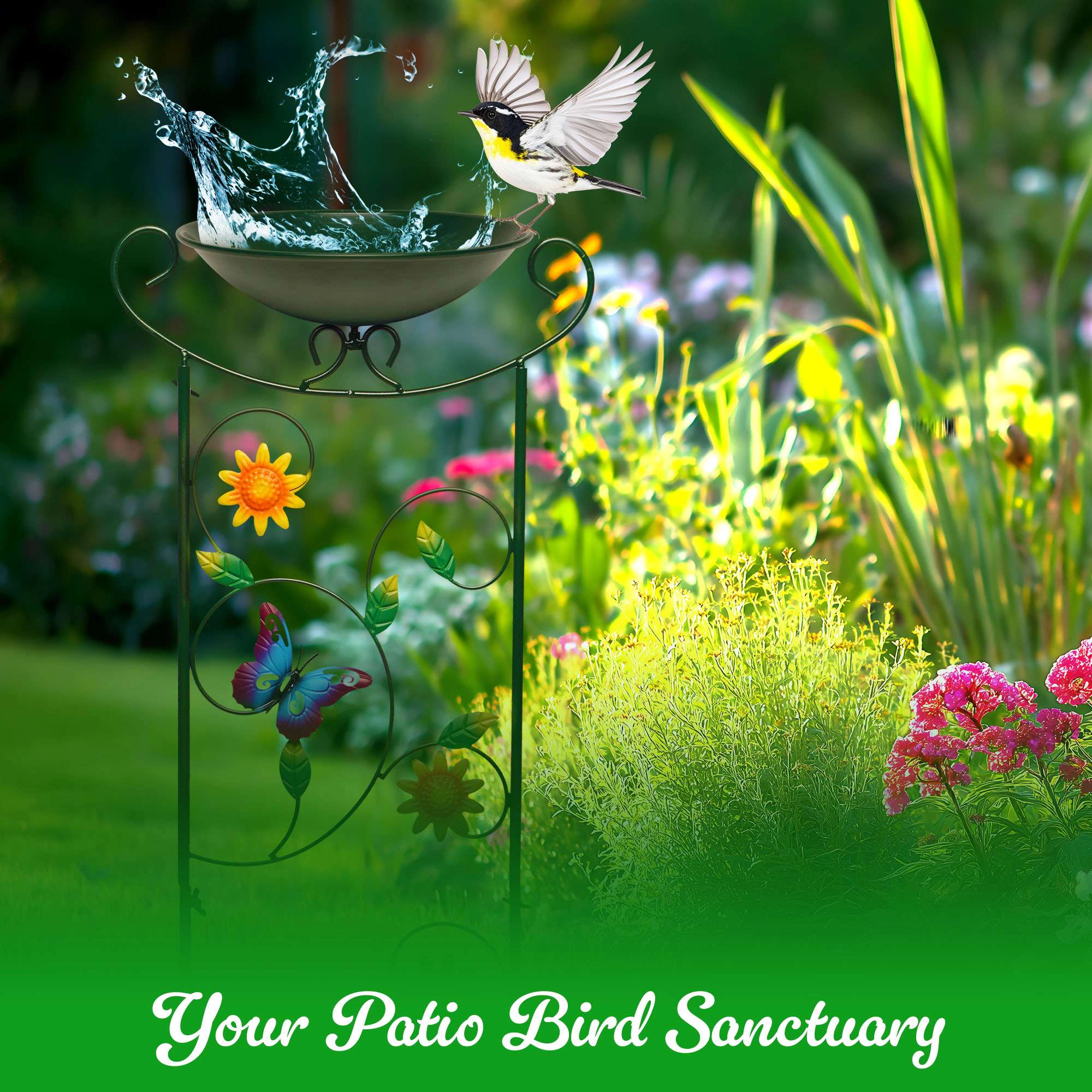 G128 35in Antique Metal Bird Bath with Trellis, Detachable Bowl, Hummingbird Accents