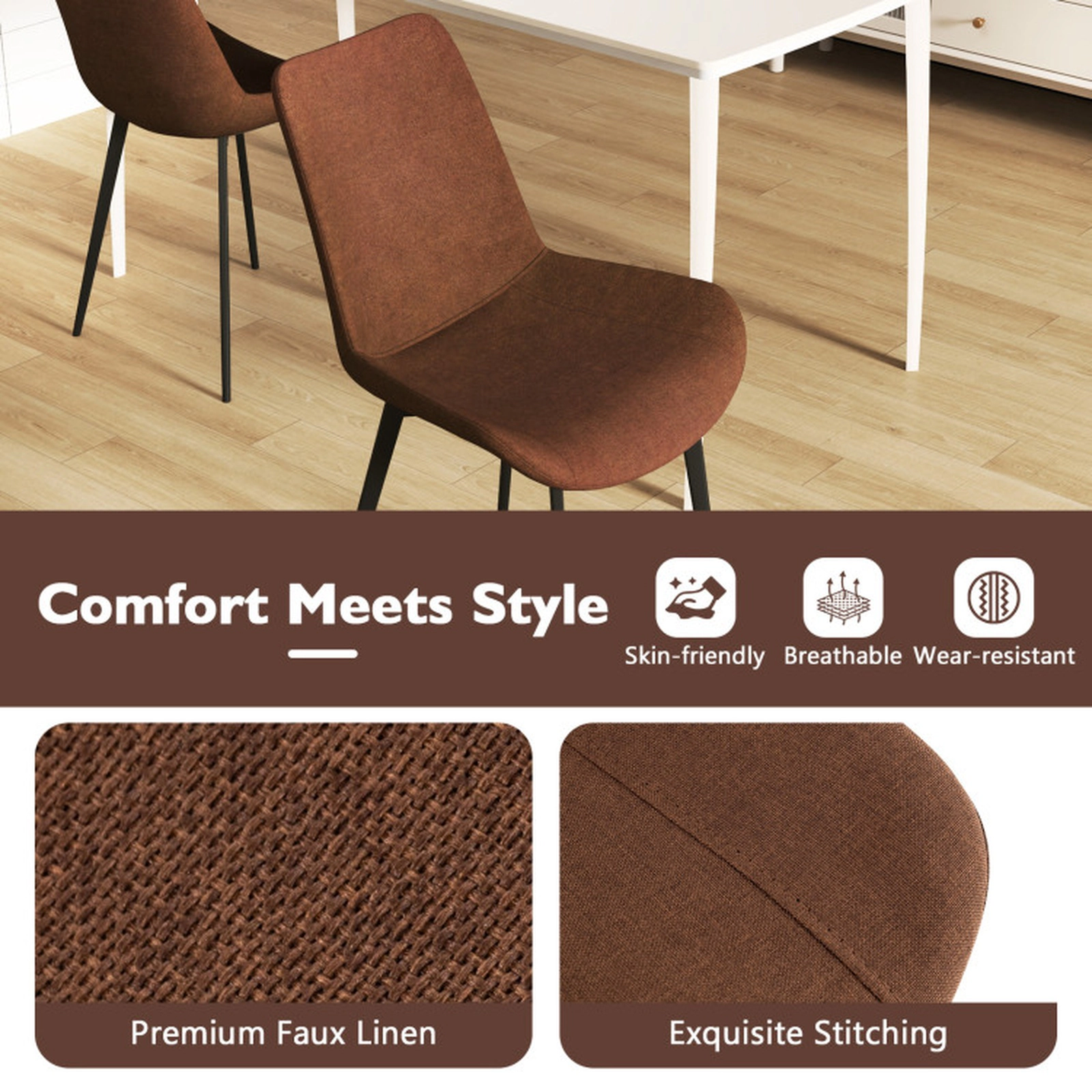 SUGIFT Set of 4 330-lb Capacity Brown Faux Linen Upholstered Dining Chairs with Metal Legs and Padded Back
