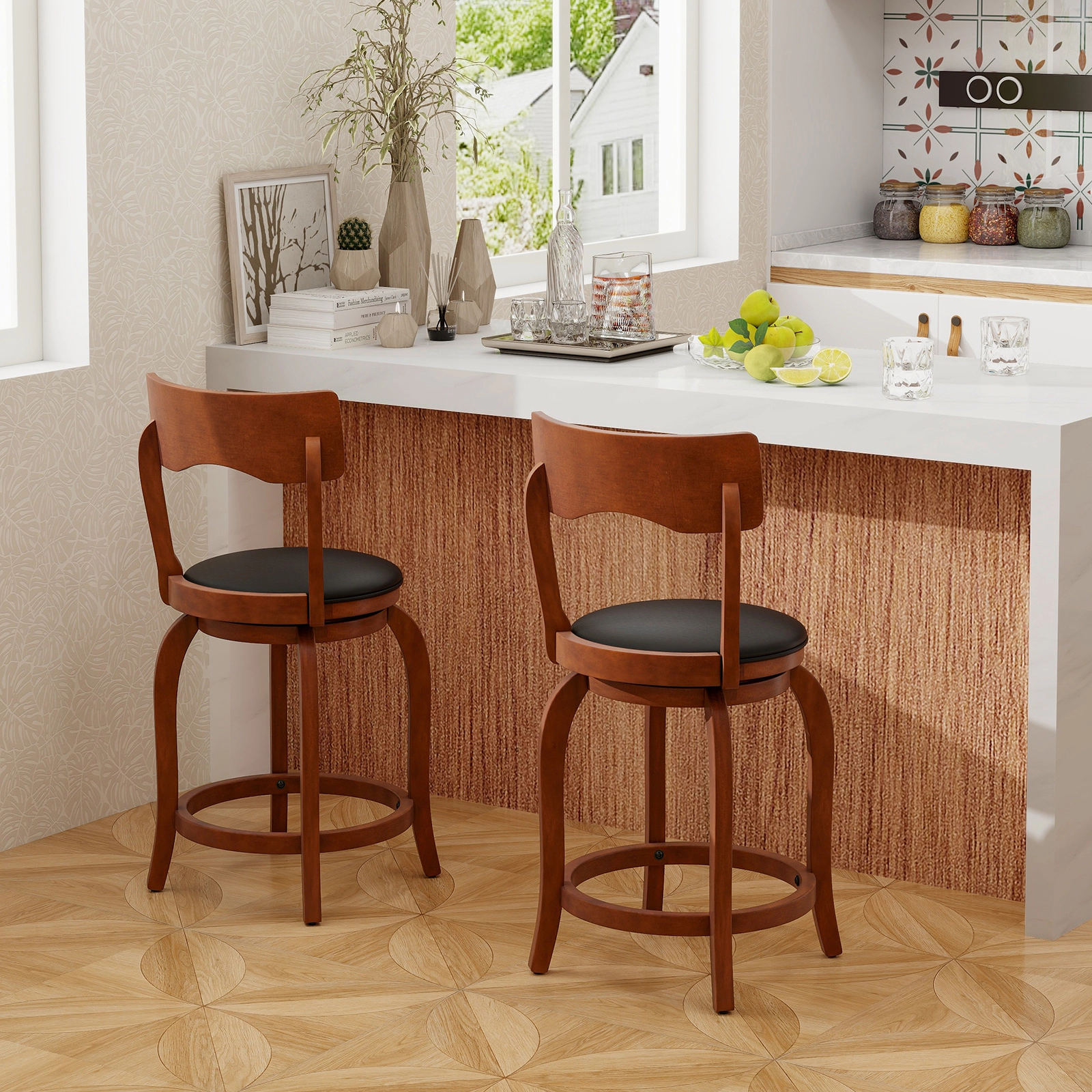 SUGIFT 360° Swivel Counter-Height Bar Stools 286-lb Capacity 24-in Seat Brown + Black