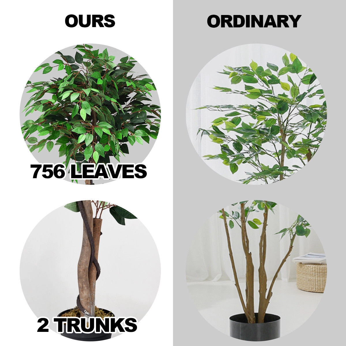 SUGIFT 5.5-ft Artificial Ficus Silk Tree with 756 Polyester Leaves 2 Wood Trunks and Moss-Topped Pot