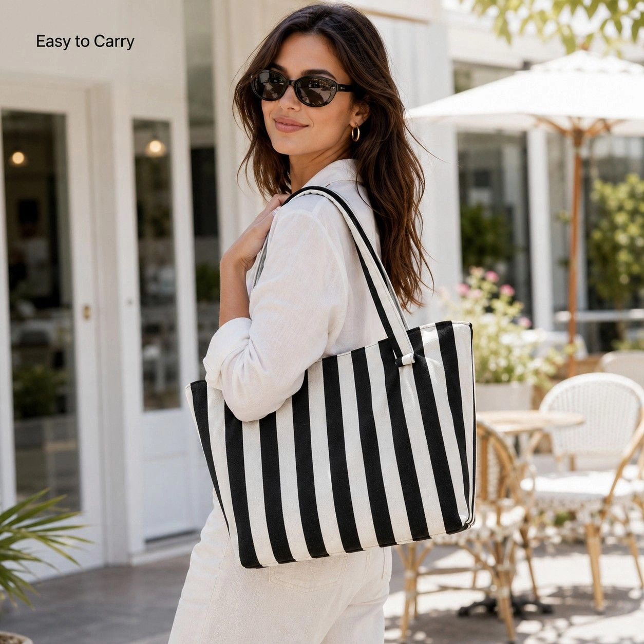 Alilang Women's Striped Terry Cloth Tote Bag Roomy Beach and Travel Shoulder Carryall, Green White Stripe