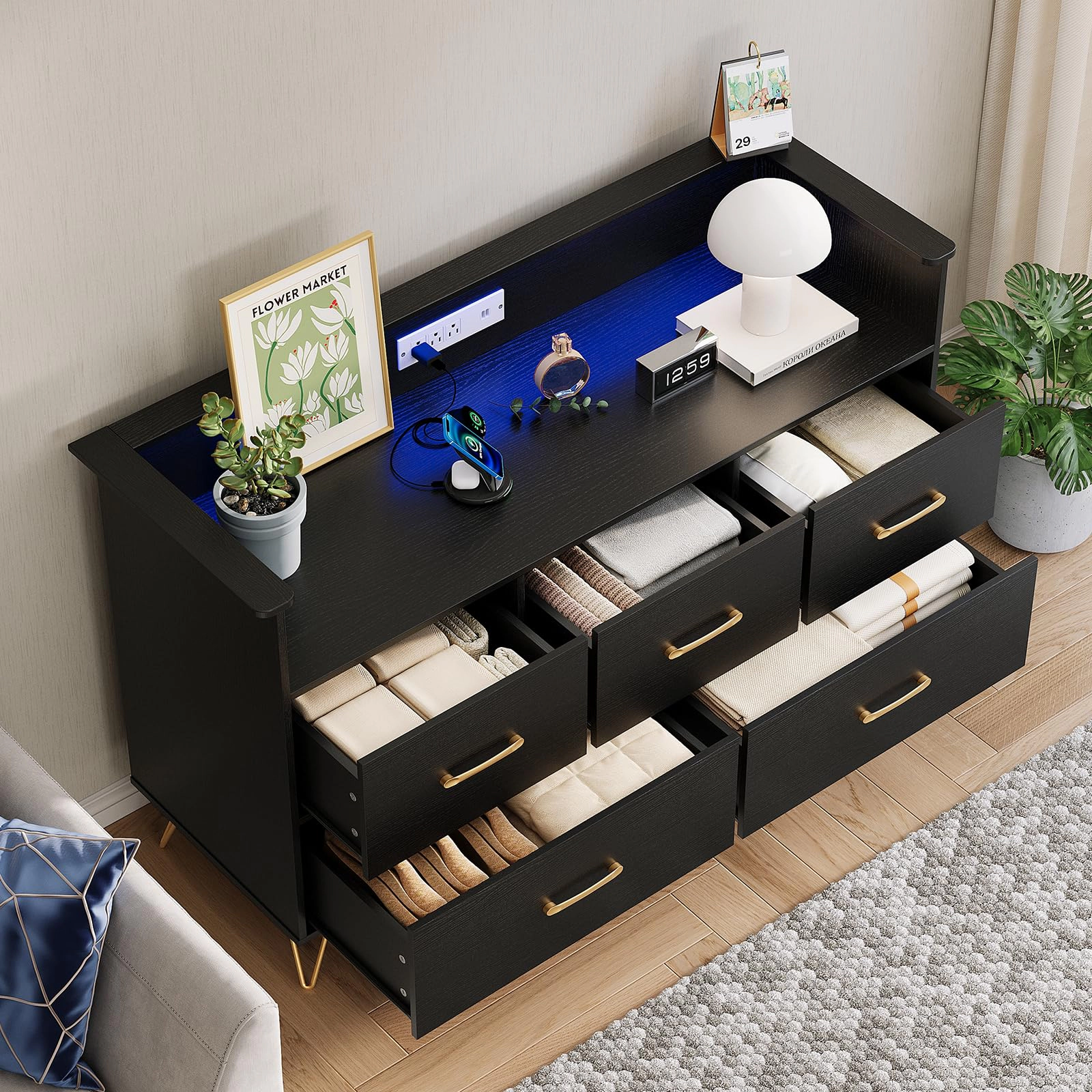 47" 5 Drawer Dresser with LED Lights & Charging Station, Wood Storage Chest