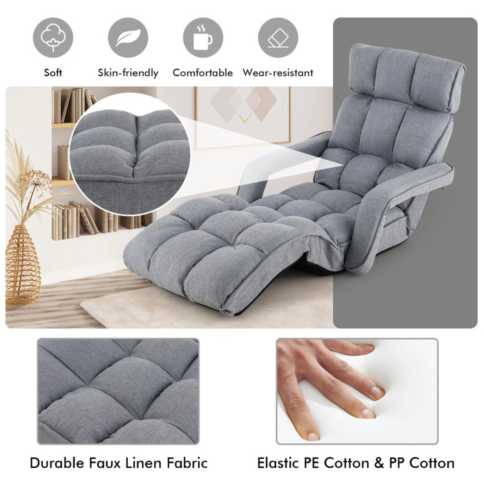 SUGIFT 6-Position Adjustable Floor Chair with Adjustable Armrests and 8-Position Footrest 300-Lb Capacity Gray/Dark Gray