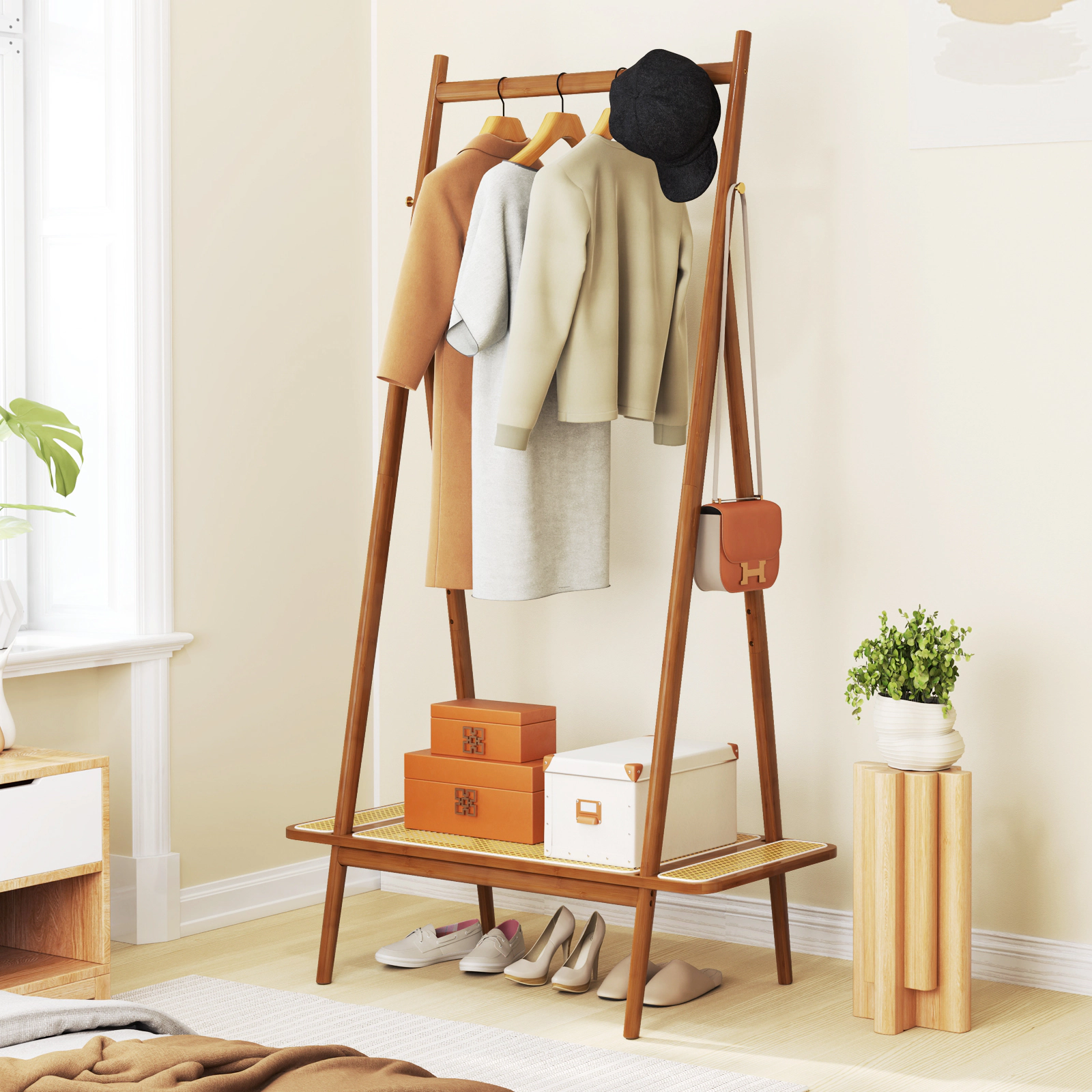 Glintex Bamboo Clothes Rack with Rattan Shelf Copper Hooks and 88-Lb Rod