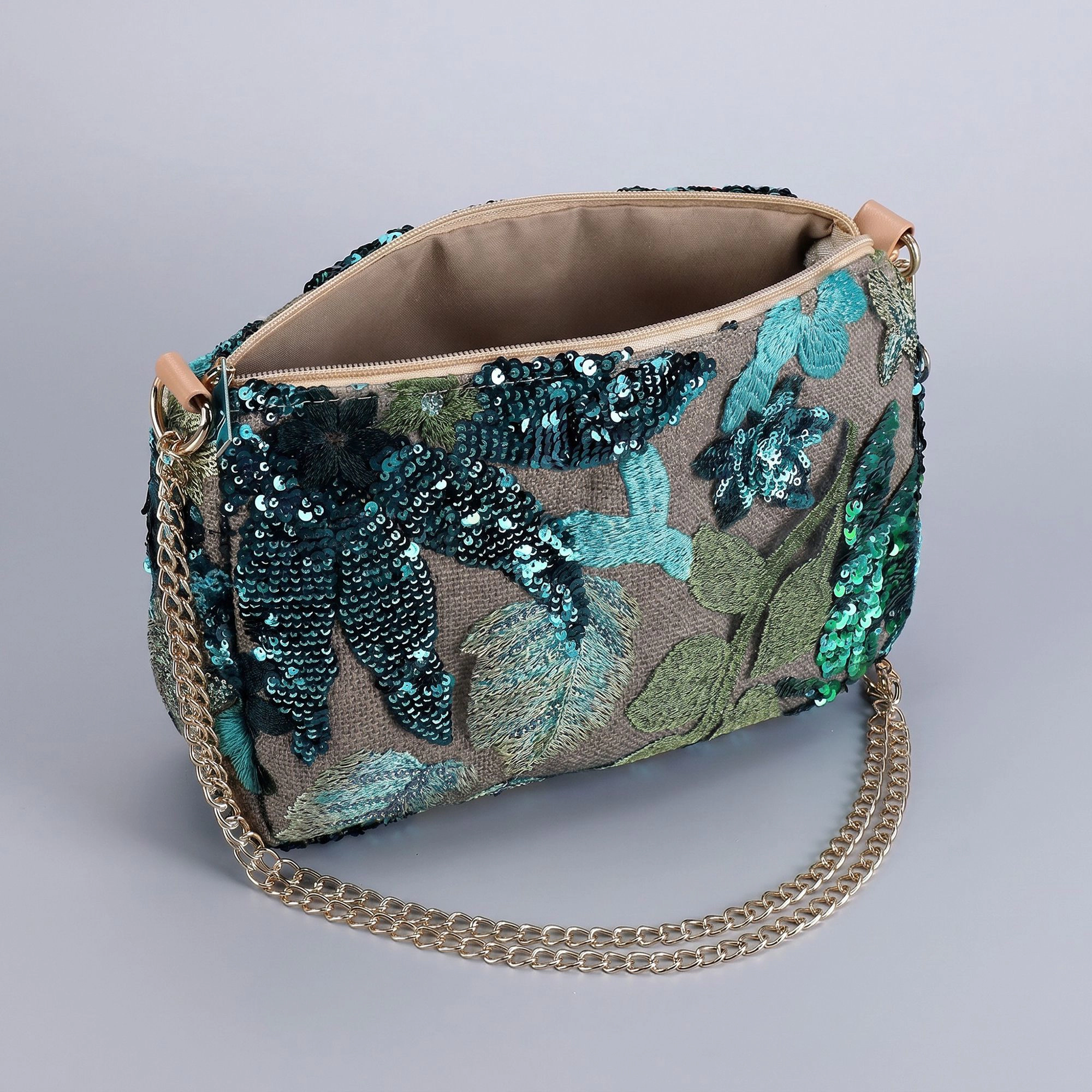 Alilang Women's Floral Embroidered Sequin Shoulder Bag with Chain Strap Curved Silhouette