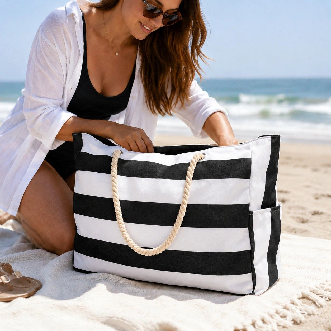Alilang Women's Striped Beach Tote Bag with Zip Closure Rope Handles and Side Pockets, Black