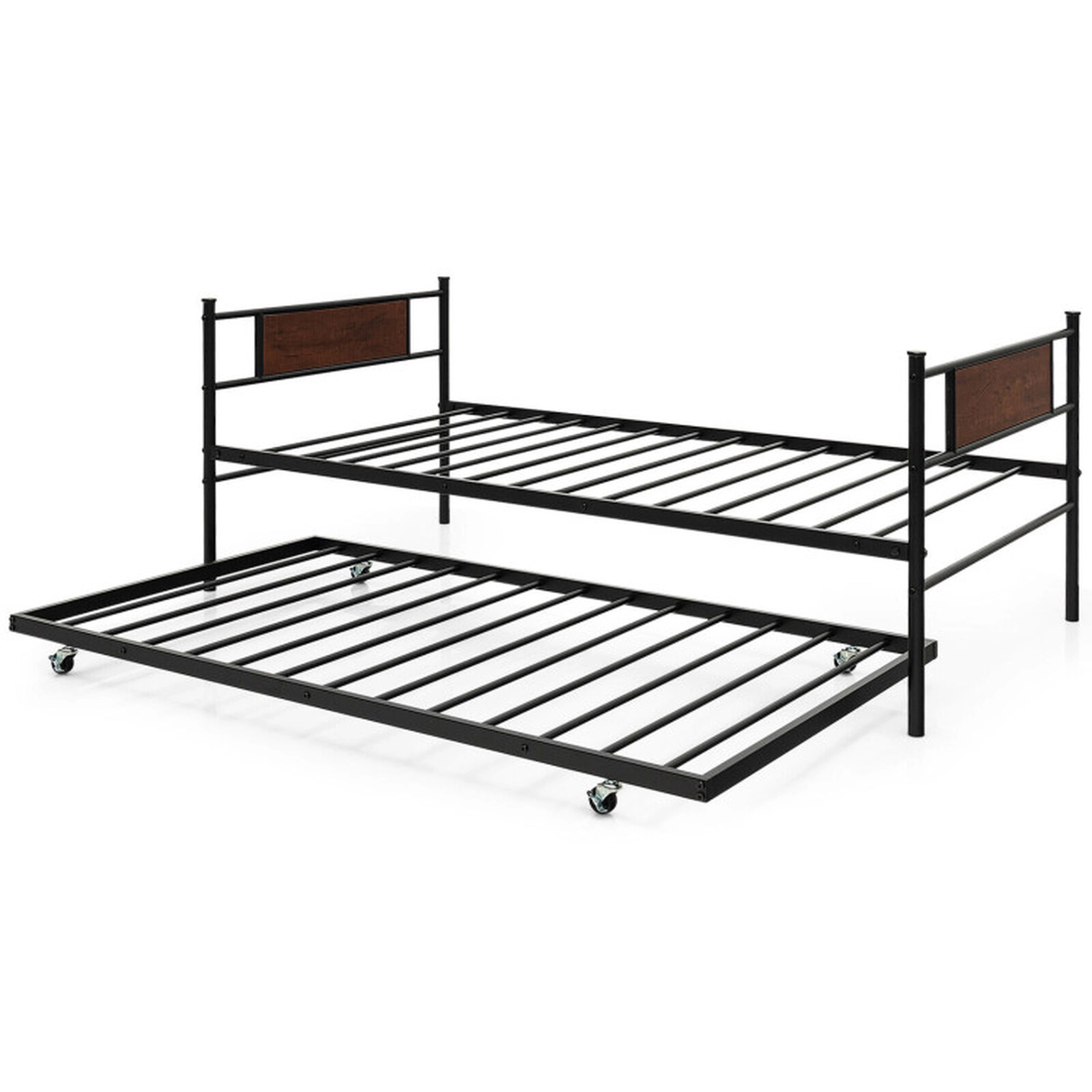 SUGIFT Black Pull-Out Rolling Trundle Twin Size 2-in-1 Teens Metal Daybed Frame