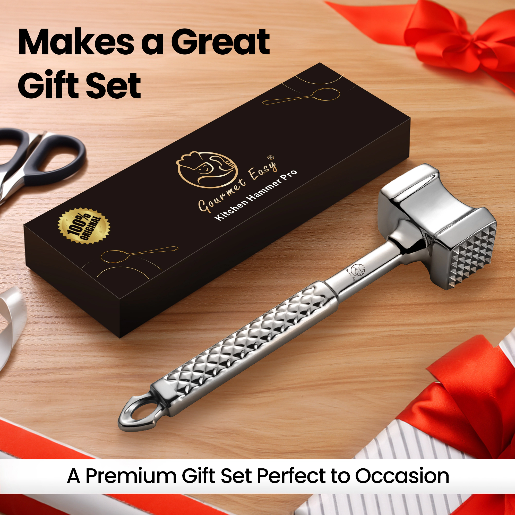 Gourmet Easy Stainless Steel Meat Tenderizer Tool, Meat Mallet, Dual-sided, Non-Slip
