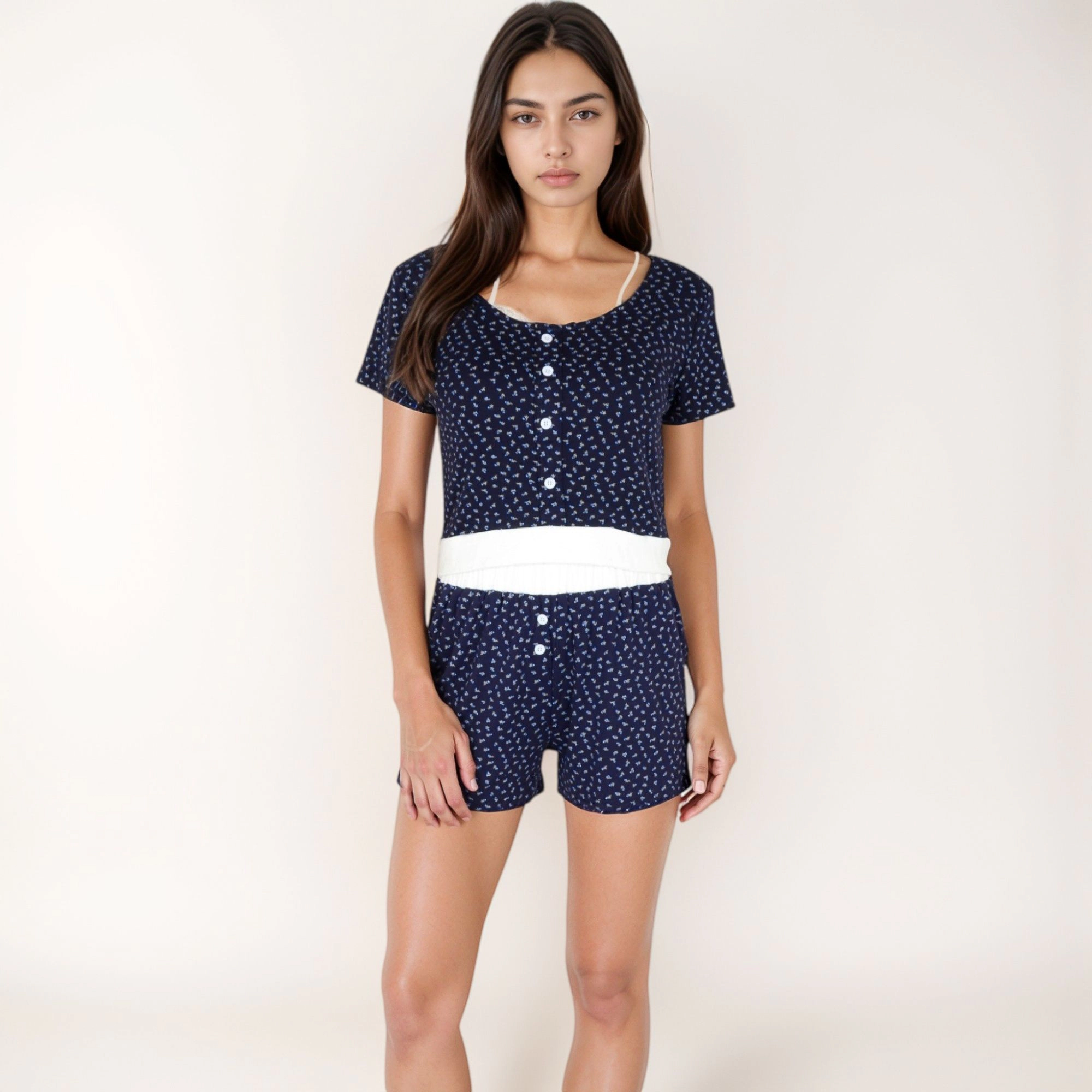 Anna-Kaci Women's Short Sleeve Sleepwear Set with Mini Bow Print and Decorative Button Details