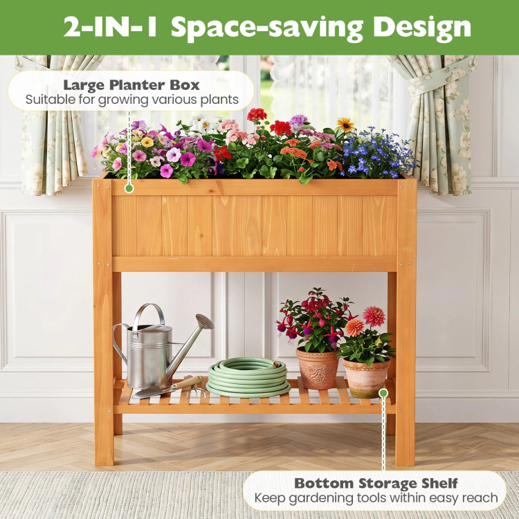 Hivvago Outdoor Raised Garden Bed Fir Wood Planter Box with Bottom Storage Shelf and Protective Liner